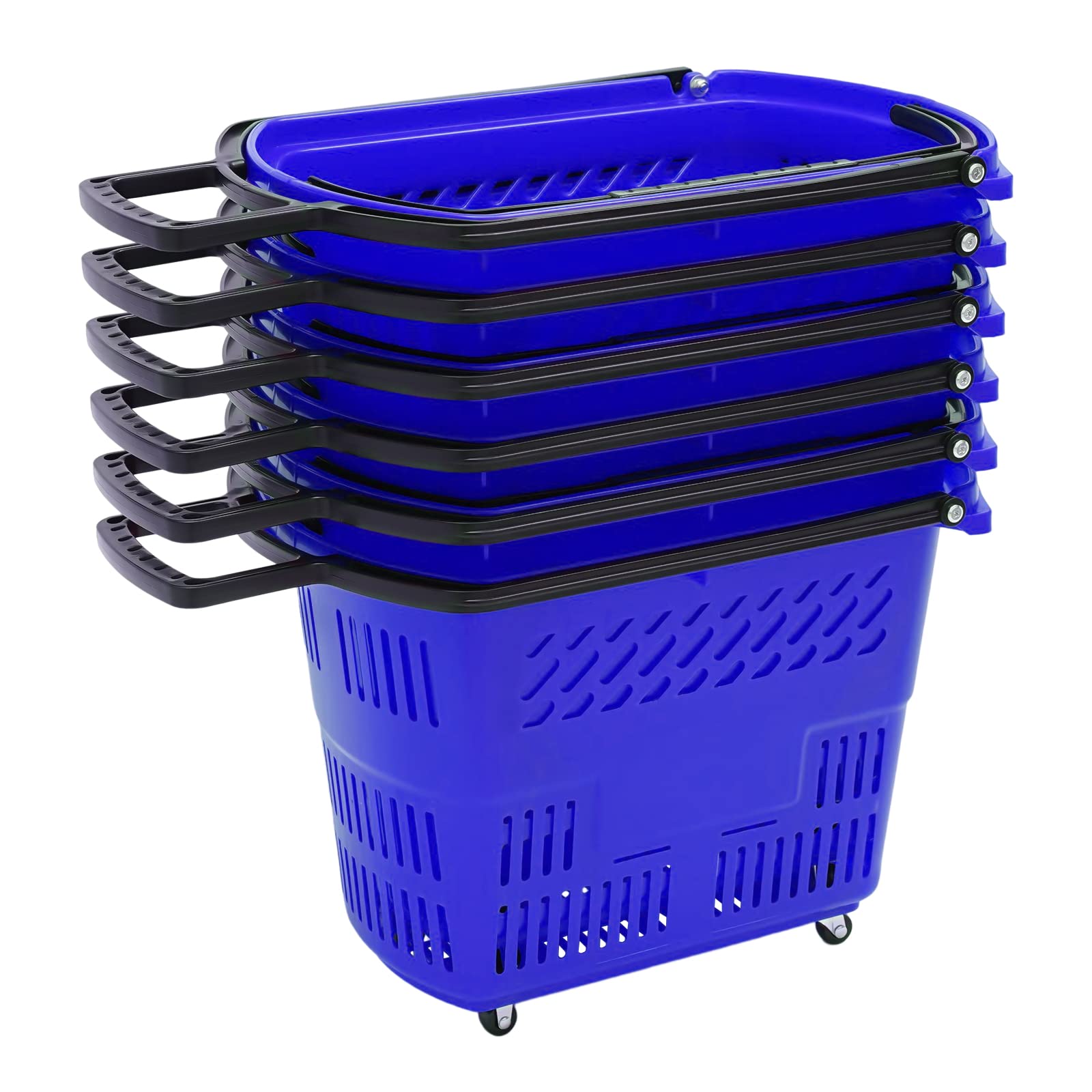 6PCS Blue Plastic Shopping Carts with 4 Wheels & Handle - 35L Capacity Rolling Basket (110lbs Load) for Supermarkets, Retail Stores & Home Use - Perfect for Grocery Shopping, Warehouse Organization & Indoor/Outdoor Storage