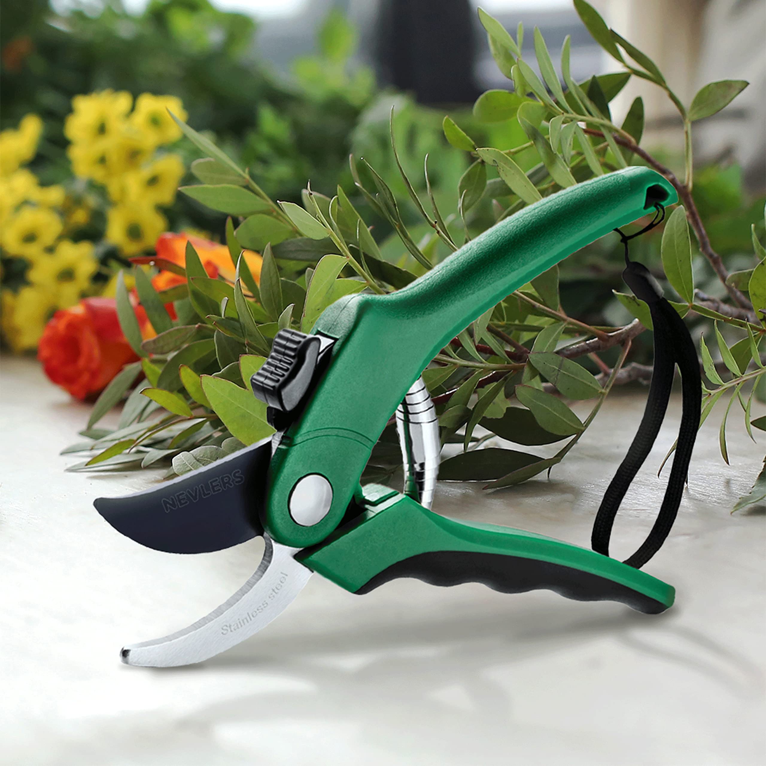 Nevlers 8 Inch Green Bypass Pruning Shears - Stainless Steel Garden Shears with 8mm Cut Capacity | Ergonomic Hand Pruners for Trimming Plants, Flowers & Shrubs | Perfect Gardening Tools for Men & Women | Ideal for Home Garden, Landscaping & Outdoor Use