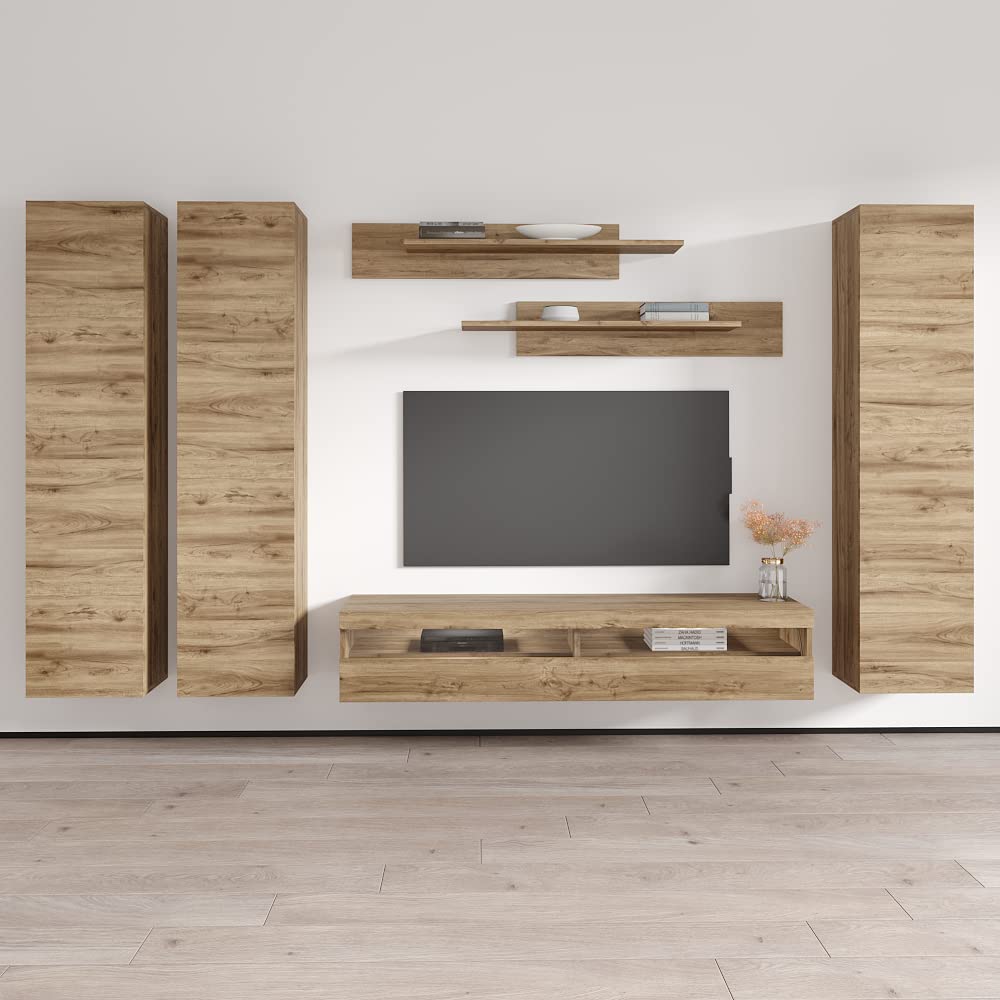Modern Oak Wall-Mounted TV Stand with Storage Shelves & LED Lights - Floating Entertainment Center Console for Bedroom & Living Room - Space-Saving Furniture for Small Apartments & Home Theater Setup