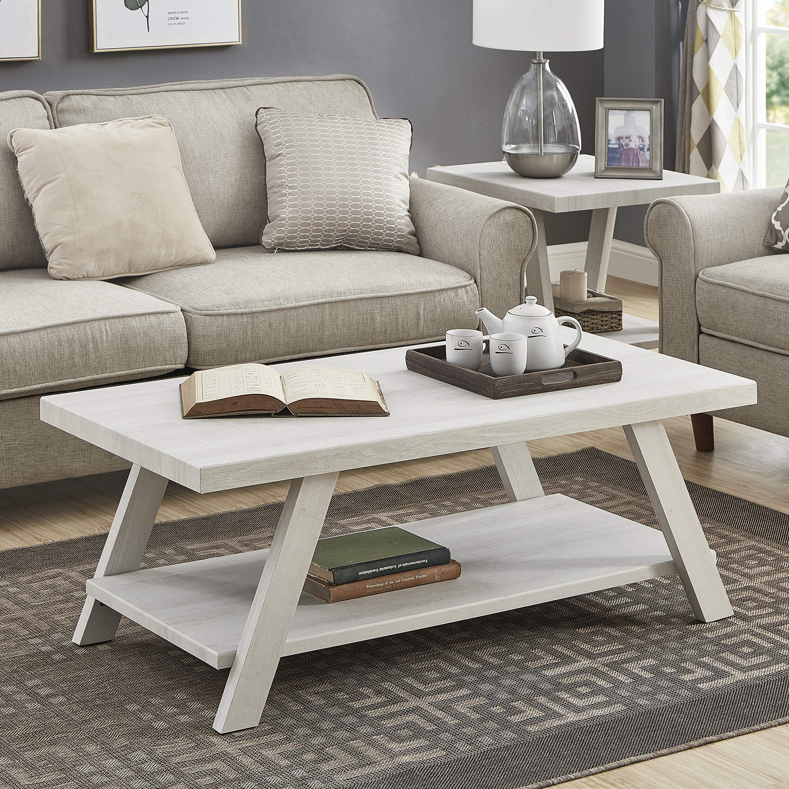 Roundhill Furniture Athens Contemporary Wood Shelf Coffee Table - White - Modern Living Room Centerpiece for Books, Decor & Storage