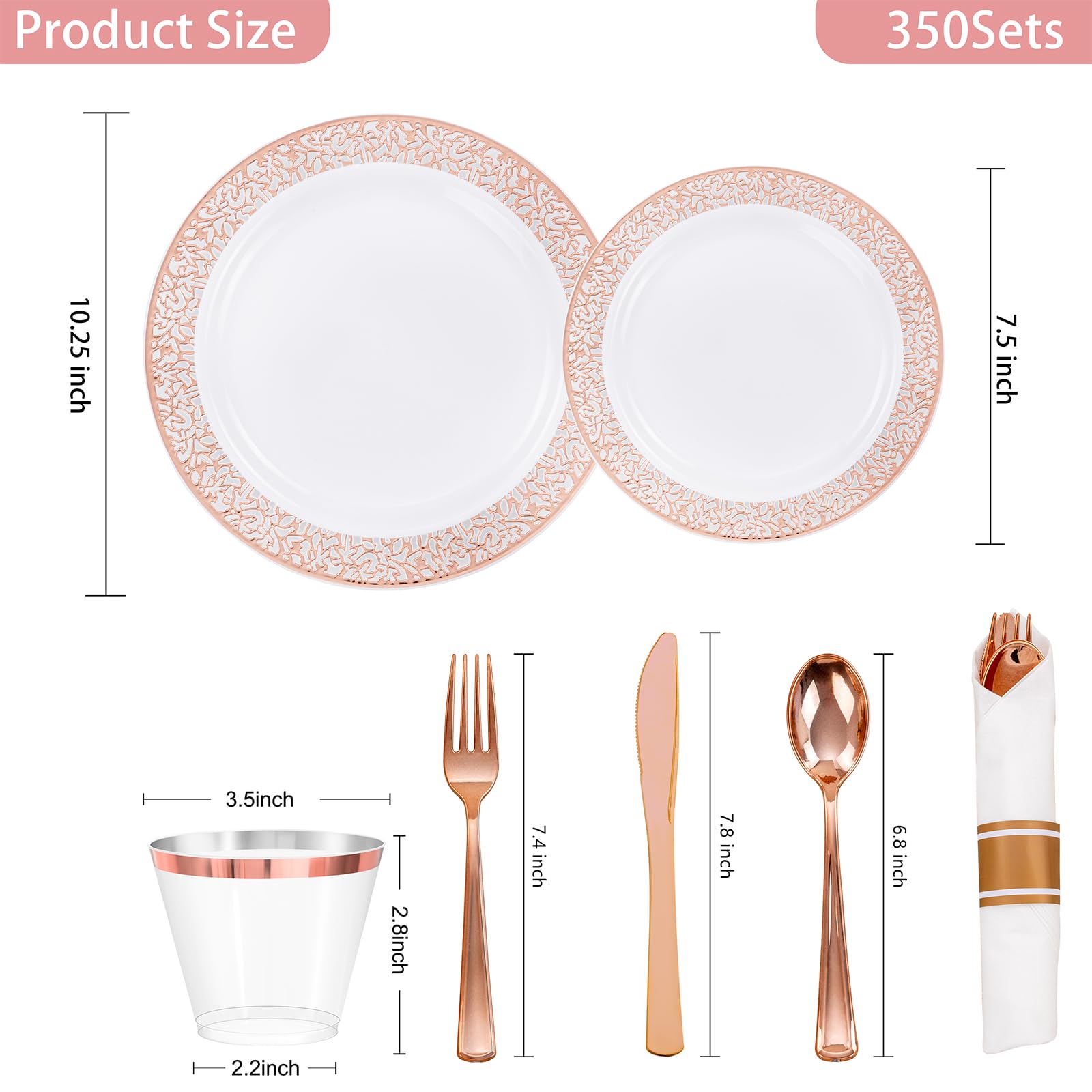 WELLIFE 350-Piece Rose Gold Plastic Dinnerware Set - Disposable Rose Gold Lace Plates, Cups, Silverware & Napkins for Wedding, Bridal Shower, Birthday Party & Elegant Events (50 Dinner Plates, 50 Dessert Plates, 50 Cups, 50 Pre-Rolled Napkins with Silverware) - Perfect for Home Celebrations, Catering & Special Occasions
