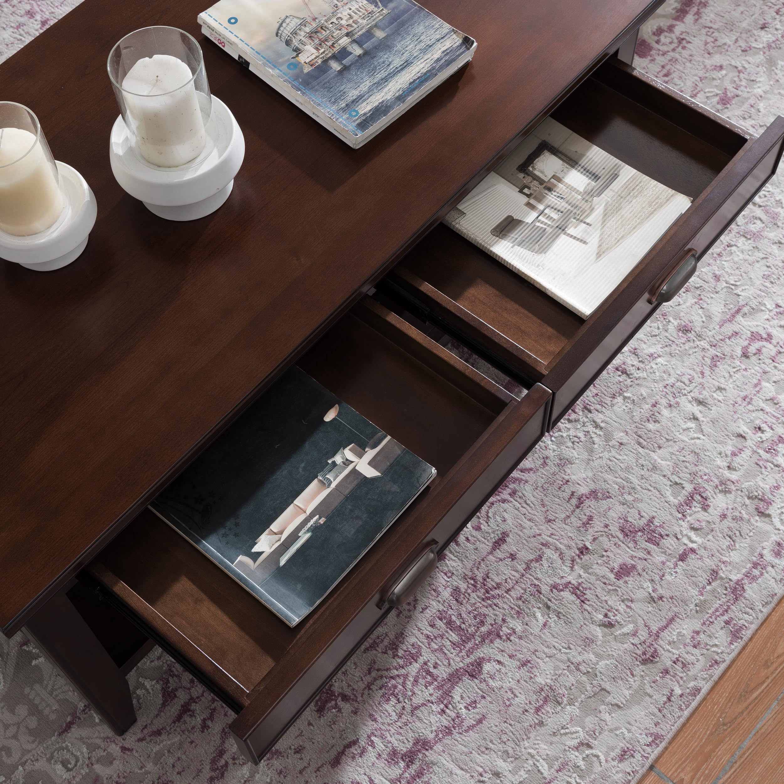Leick Home 10504 Laurent 2-Drawer Coffee Table with Shelf in Chocolate Cherry Finish - Modern Living Room Furniture for Small Spaces & Home Decor