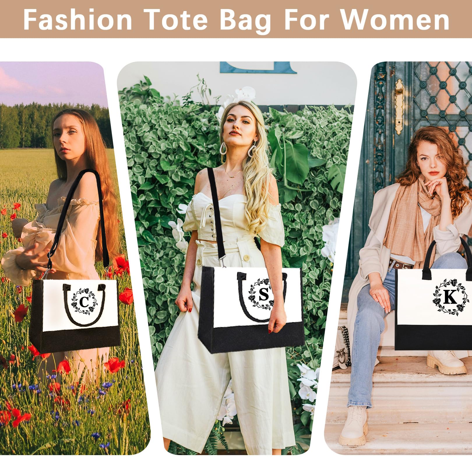 Adyoung Personalized Monogram Tote Bags for Women - 3PCS Custom Initial Canvas Tote Bags, Perfect Birthday Gifts, Beach Tote, Work Bag & Everyday Carry