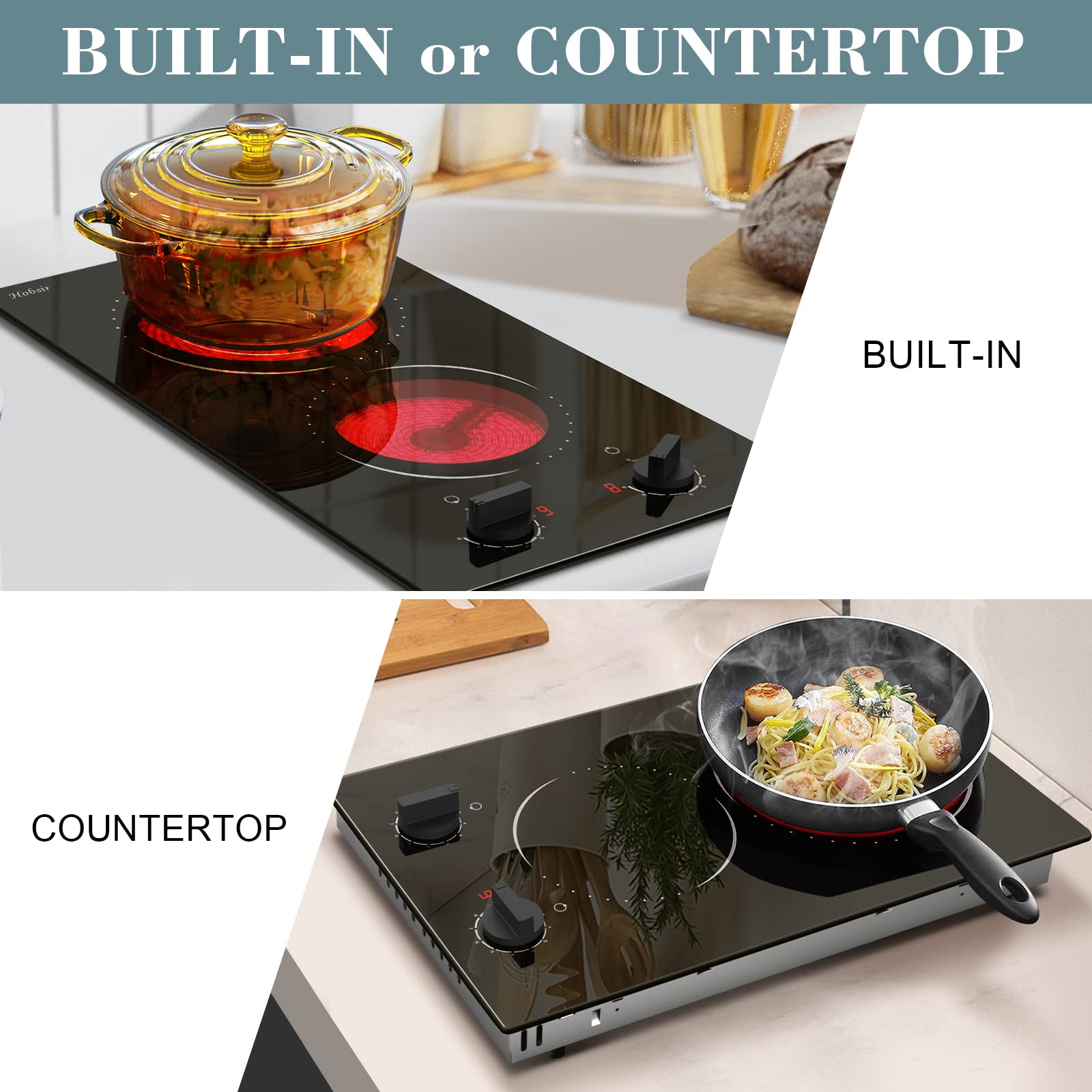 Hobsir 2 Burner Electric Cooktop - 12 Inch Countertop & Built-in Stove with Knob Control, 110V, Residual Heat Indicator & Over-Temperature Protection - Perfect for Small Kitchens, Apartments, RVs & Dorm Rooms