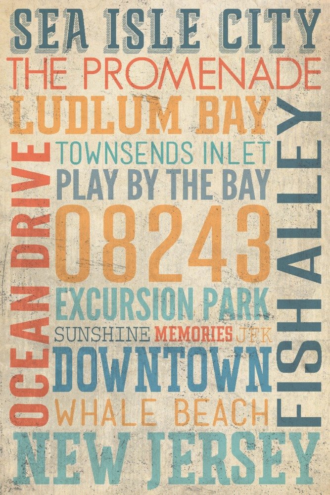 Sea Isle City New Jersey Townsend Inlet Rustic Typography Wall Art - 24x36 Gallery Quality Metal Print Aluminum Decor for Coastal Home, Beach House & Office Decor