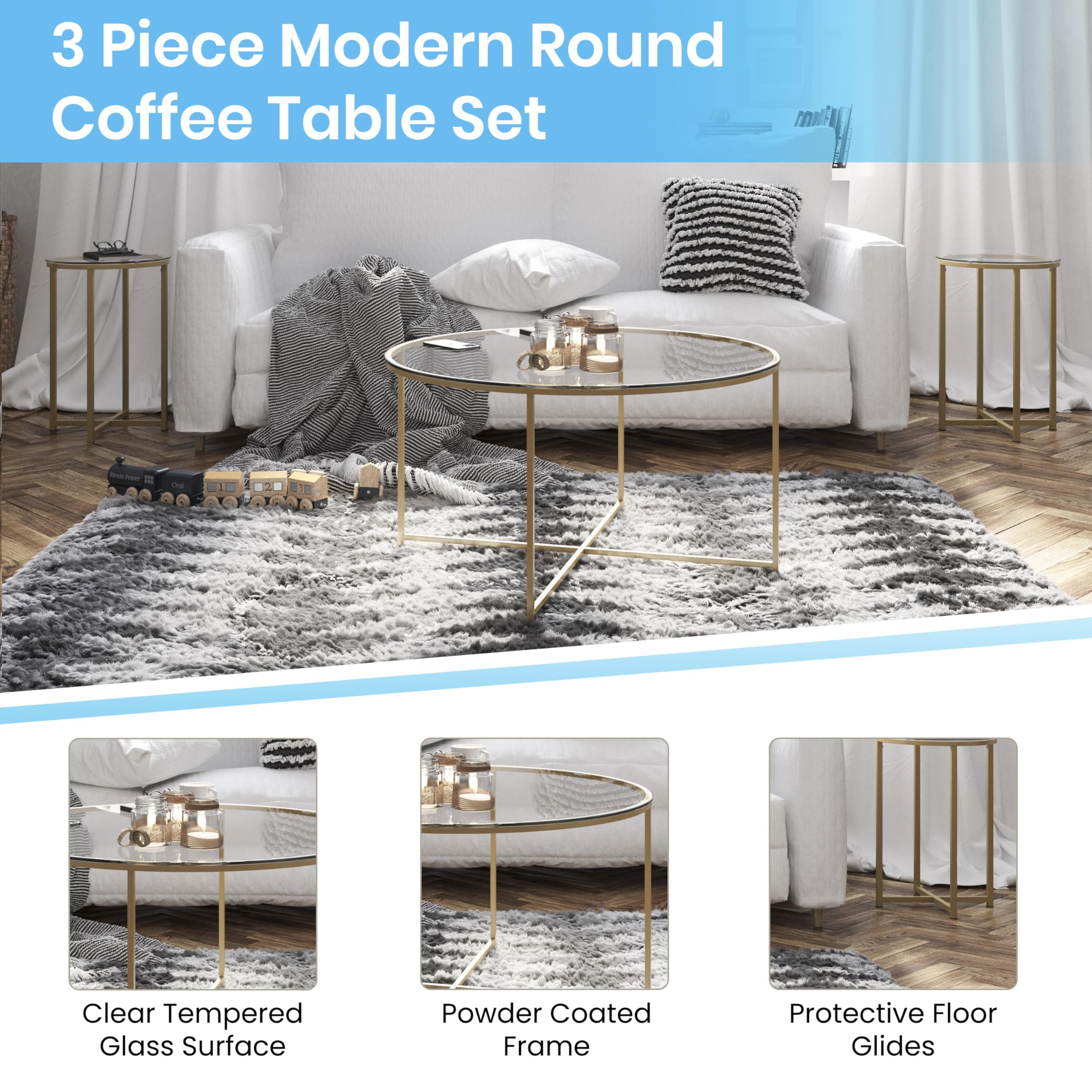 Merrick Lane Fairdale 3-Piece Round Coffee Table Set with Matte Gold Crisscross Frame - Modern Living Room Furniture for Small Spaces - Includes Coffee Table & 2 Matching End Tables - Perfect for Apartments, Condos and Cozy Home Decor
