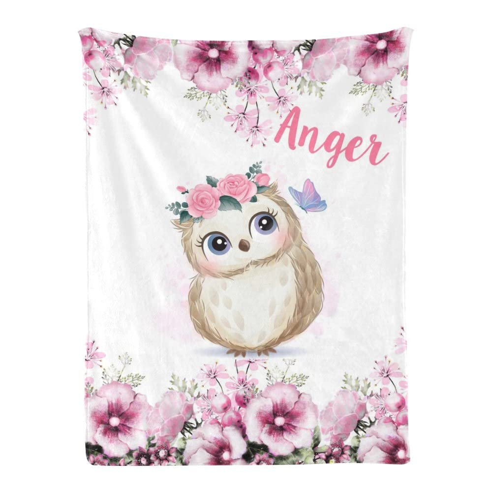 Personalized Baby Blankets with Name - Owl Pattern Soft Flannel Receiving Blanket for Baby Girls - Custom Gifts for Newborns, Nursery, and Baby Showers
