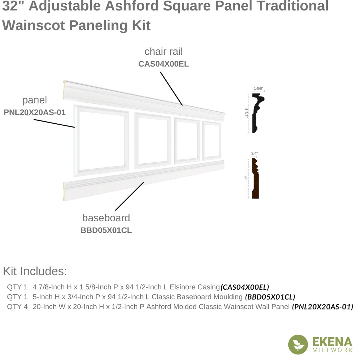 Ashford Traditional Wainscot Paneling Kit - 94.5 Inch Long Premium Wood Wall Paneling for Home & Office Decor | Easy DIY Installation for Living Room, Dining Room & Bedroom