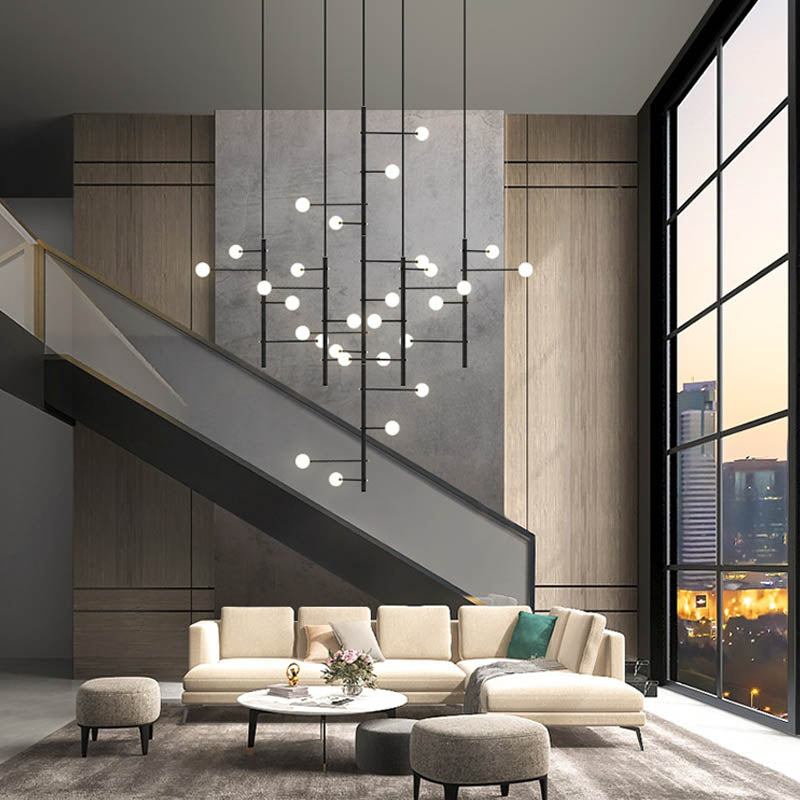 Modern Mondrian Style Metal Tubular Chandelier - Geometric Ceiling Light Fixture for Dining Room, Living Room & Bedroom - Industrial Art Deco Pendant Lighting