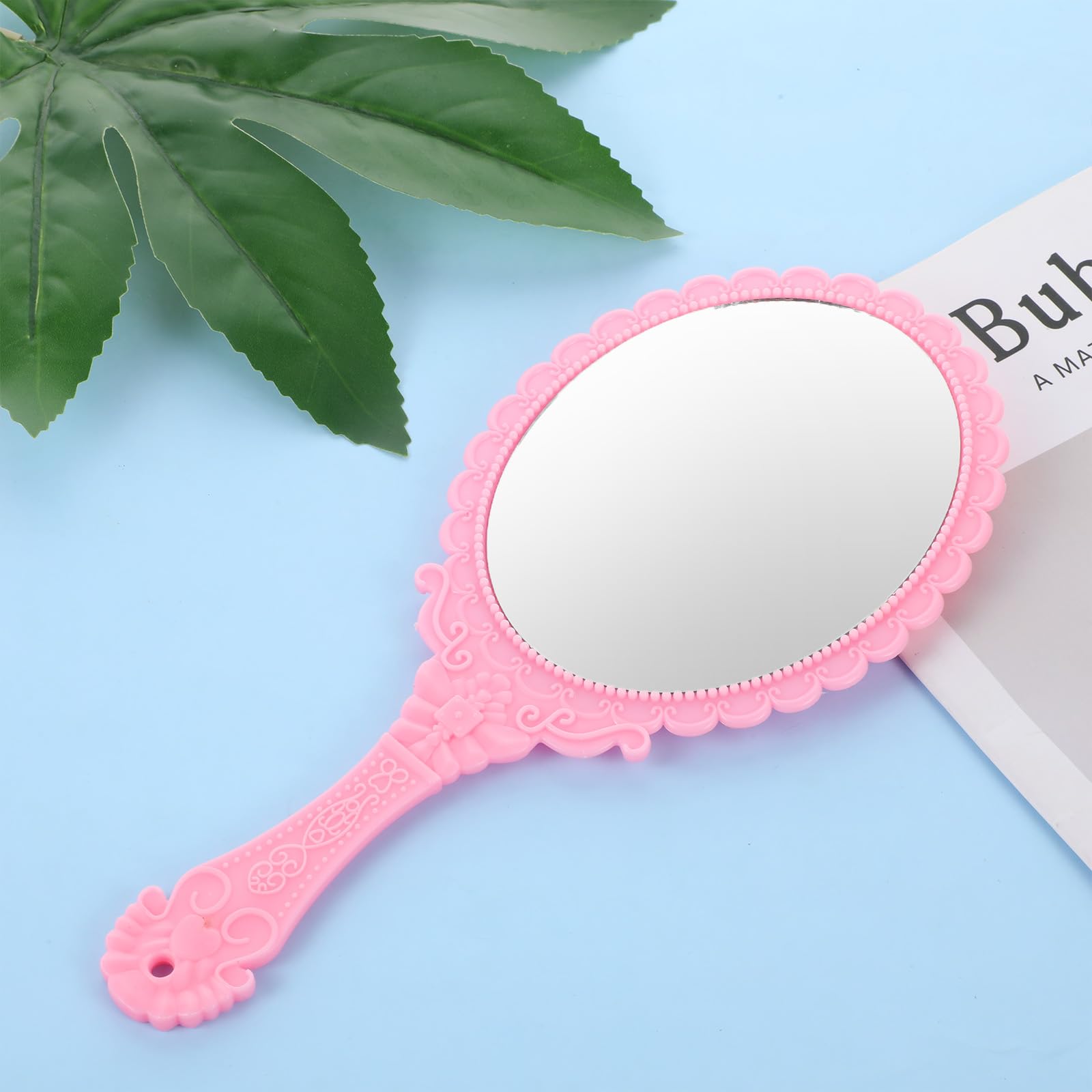 Pink Hand Mirror for Women & Girls - Compact Travel Mirror with Handle, Lightweight Oval Embossed Vanity Mirror | Perfect for Makeup, Purse, Travel & Home Decor