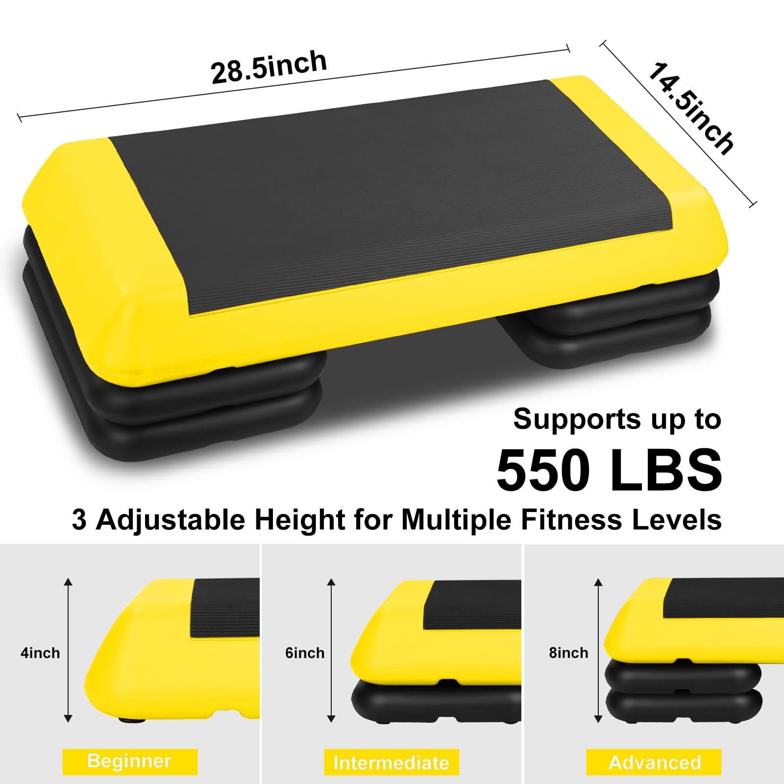 4''-6''-8'' Adjustable Aerobic Stepper with 4 Risers - Portable Workout Step Platform for Home Gym, Cardio, HIIT & Fitness Training - Ideal for Aerobics, Step Exercises & Weight Loss Workouts