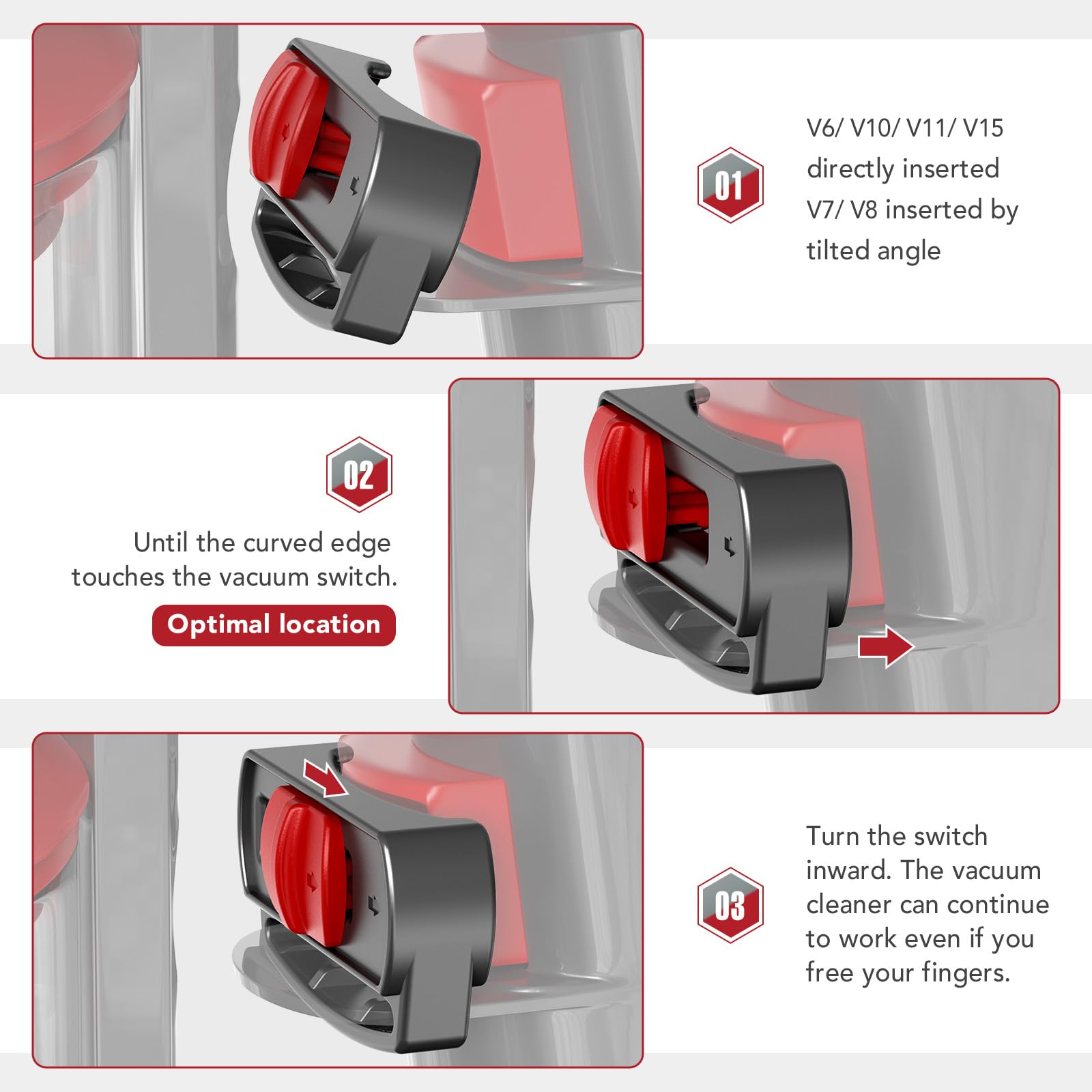 Dyson V6 V7 V8 V10 V11 V15 Vacuum Cleaner Power Button On/Off Control Clamp - Trigger Lock Attachment for Absolute/Motorhead Series (Gray Red) - Perfect for Hands-Free Cleaning and Extended Vacuum Use