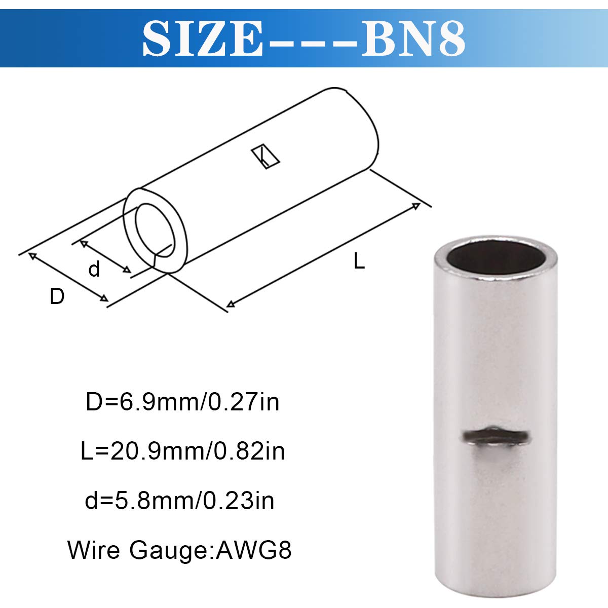 40 Pcs 8 AWG Non-Insulated Butt Connectors - Seamless Crimp Terminals for Automotive, Marine & Electrical Wiring | Tnisesm BN8 Wire Splice Connectors for Reliable Electrical Connections