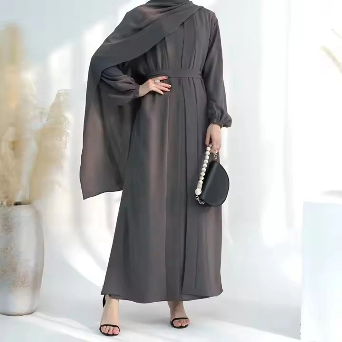 2-Piece Wrinkle-Resistant Cardigan & Open Abaya Dress Set for Women - Modest Fashion Outfit for Prayer, Mosque, and Everyday Wear
