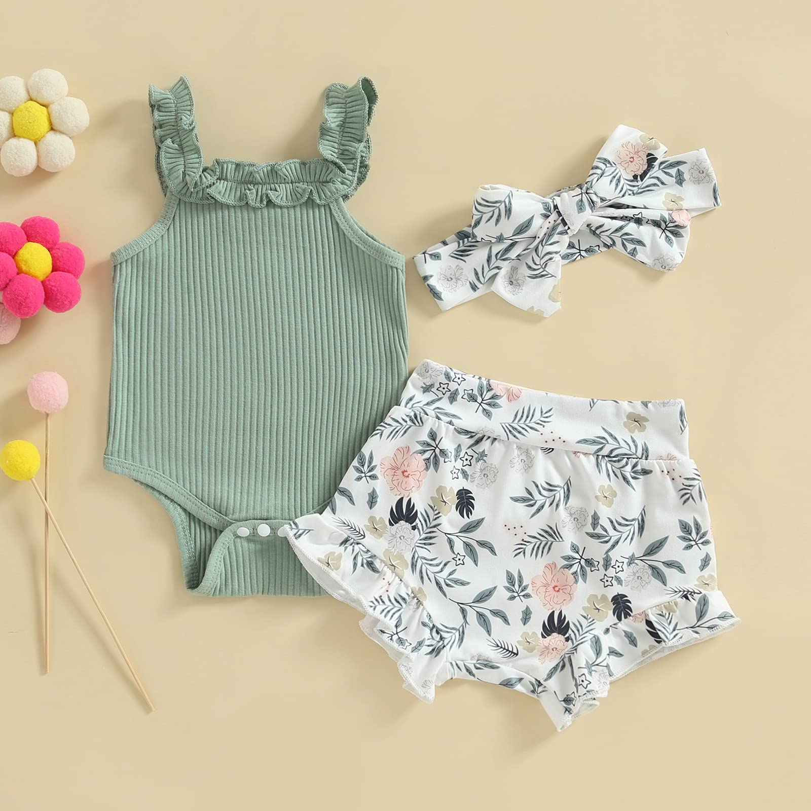 Adorable Newborn Baby Girl Summer Outfit Set - Sleeveless Floral Top & Ribbed Shorts Boho Style | Perfect for Beach, Photo Shoots & Casual Wear