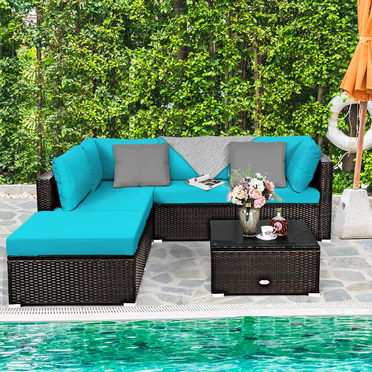 **Tangkula 6-Piece Patio Furniture Set - Durable Steel Frame & PE Rattan Wicker Outdoor Sectional Sofa with Coffee Table - Turquoise - Perfect for Backyard, Deck, Lawn, and Garden Relaxation**