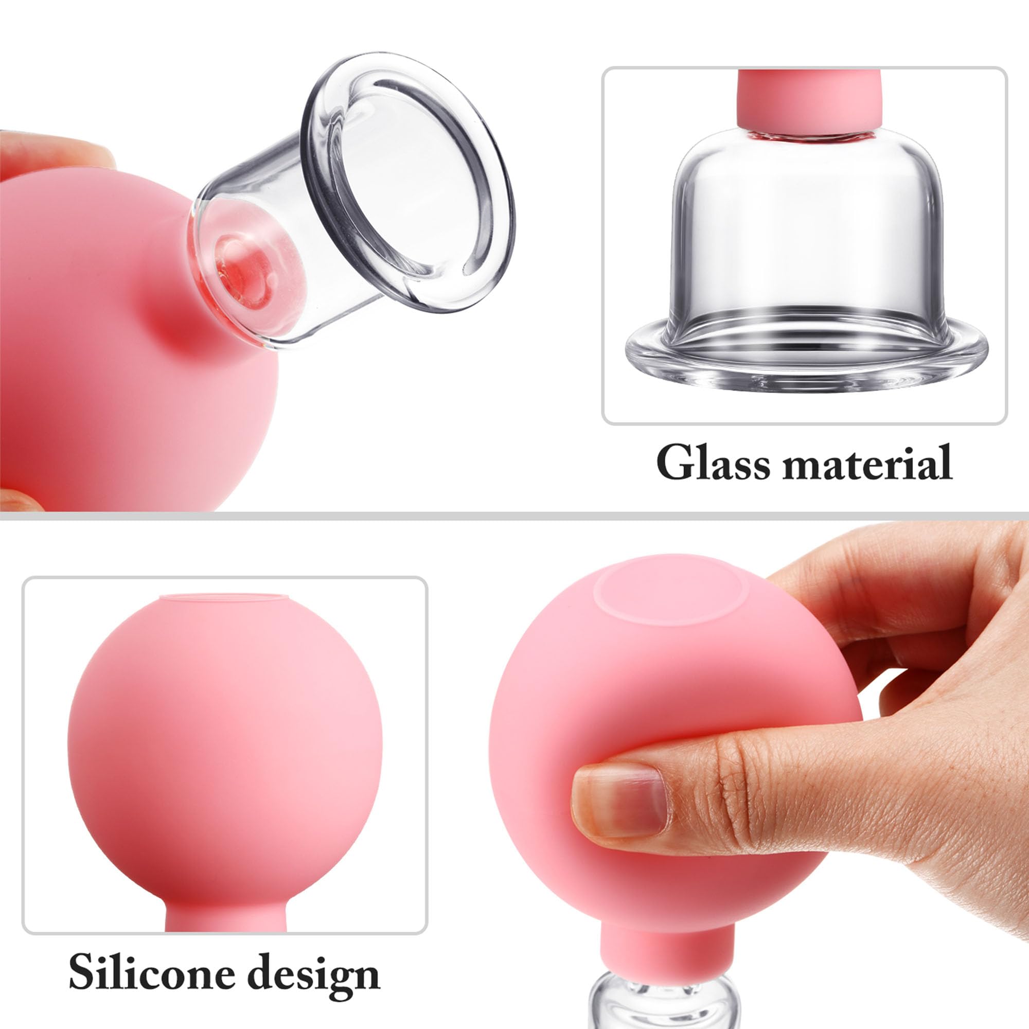 4-Piece Glass Cupping Therapy Set with Silicone Base - Vacuum Massage Cups for Body, Face, Leg, Arm, Back & Shoulder Pain Relief - Muscle Relaxation & Joint Pain Treatment - Ideal for Home Spa, Physical Therapy & Self-Care (Pink)