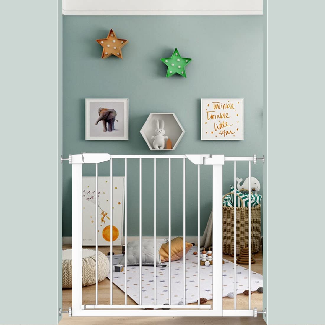 Extra Wide or Narrow Baby Safety Gate - Pressure Mounted Walk-Through Pet & Child Gate with Extensions (White, 73.62
