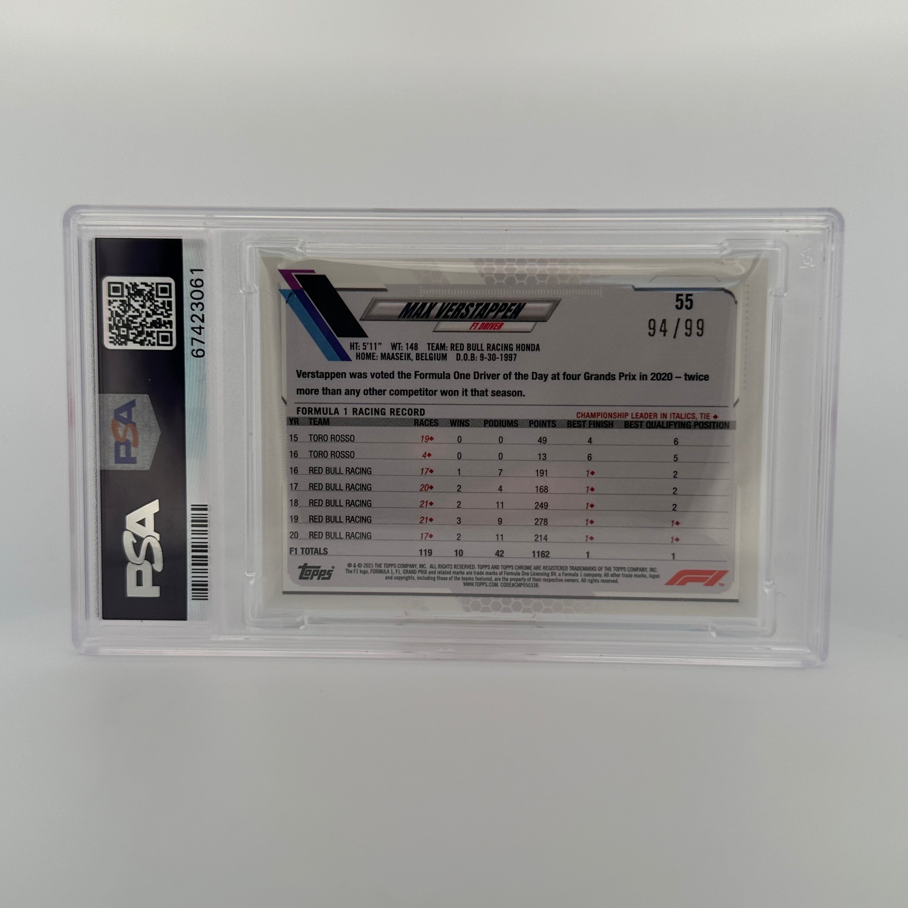 PSA 10 1994-99 Max Verstappen #55 Sapphire Edition Aqua Blue - Rare Collectible Racing Card for Display & Investment