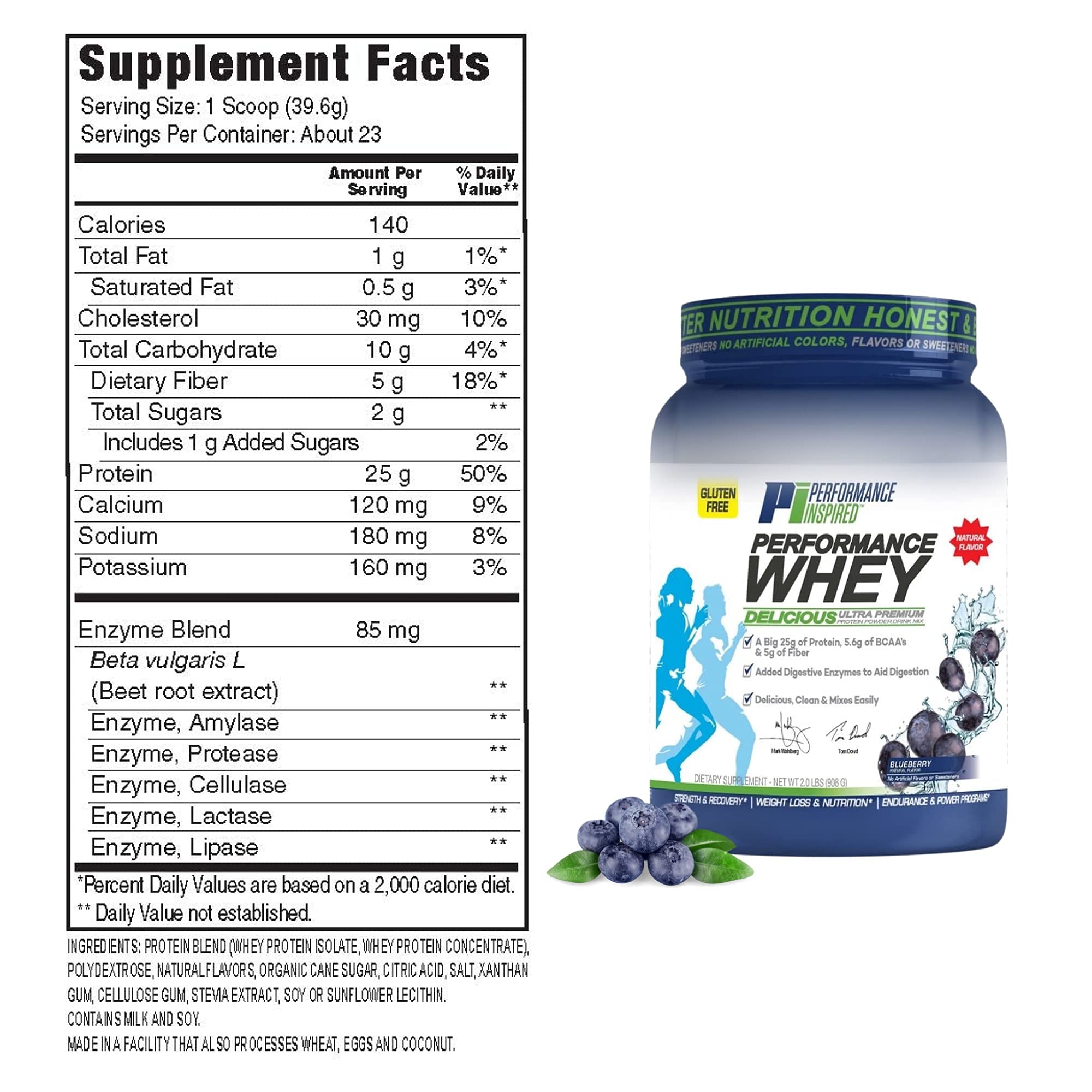 Performance Inspired Whey Protein Powder - All Natural, 25G Protein, BCAAs, Digestive Enzymes & Fiber - Blueberry Flavor, 2lb for Muscle Recovery & Post-Workout Nutrition