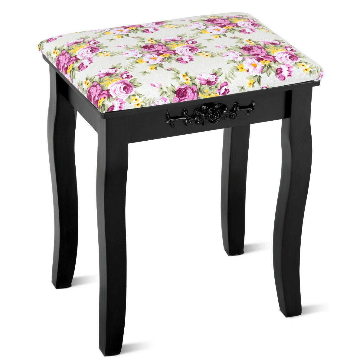 Black Vanity Stool with Padded Seat - Wooden Makeup Chair with Rose Cushion for Dressing Table, Bedroom Decor & Piano Bench - Perfect for Cosmetics, Jewelry Organization & Vanity Area