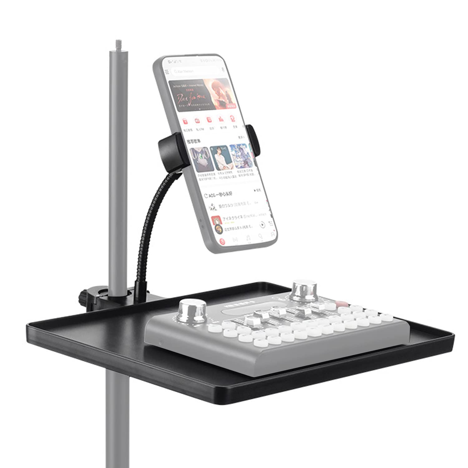 Universal Phone Holder & Microphone Stand Tray - Adjustable Clamp-On Rack for Cell Phones & Music Sheets | Compatible with Most Mic Stands | Perfect for Live Streaming, Karaoke, Recording, YouTube Videos & Podcasting