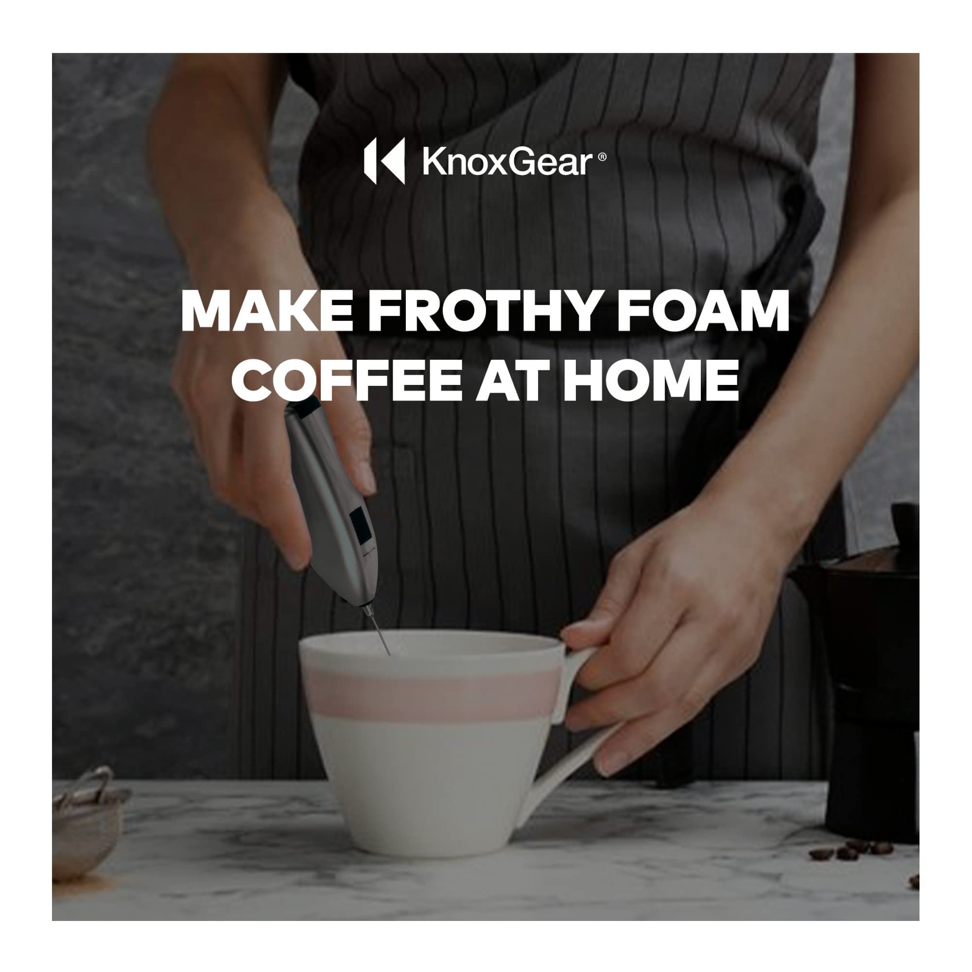 Knox Gear Rechargeable Handheld Milk Frother - Battery Operated Milk Foam Maker & Coffee Mixer Wand | Perfect for Lattes, Cappuccinos, Hot Chocolate & Baking | Portable Egg Beater & Coffee Stirrer for Home, Office & Travel