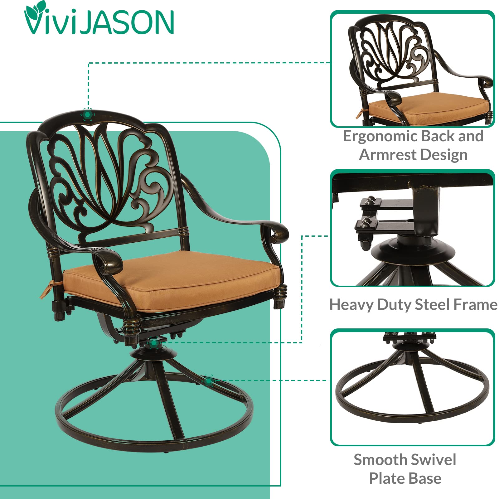 VIVIJASON 5-Piece Outdoor Patio Dining Set - All-Weather Cast Aluminum Conversation Set for Balcony, Lawn & Garden - Includes 4 Swivel Chairs & 35.4