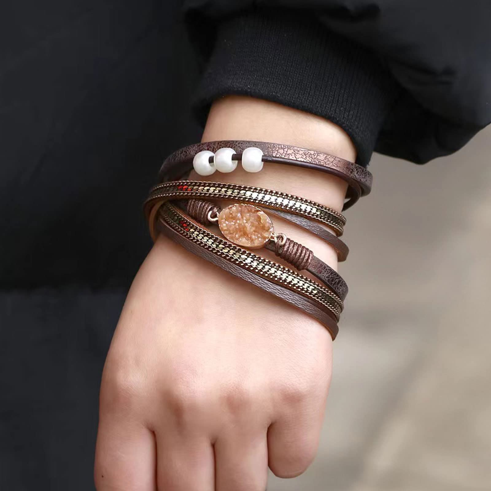 Handmade Boho Double Leather Wrap Bracelet for Women - Braided Multilayer Magnetic Buckle Cuff Bangle Wristband, Perfect Birthday Gift for Her | Great for Casual Wear, Boho Fashion & Everyday Accessories