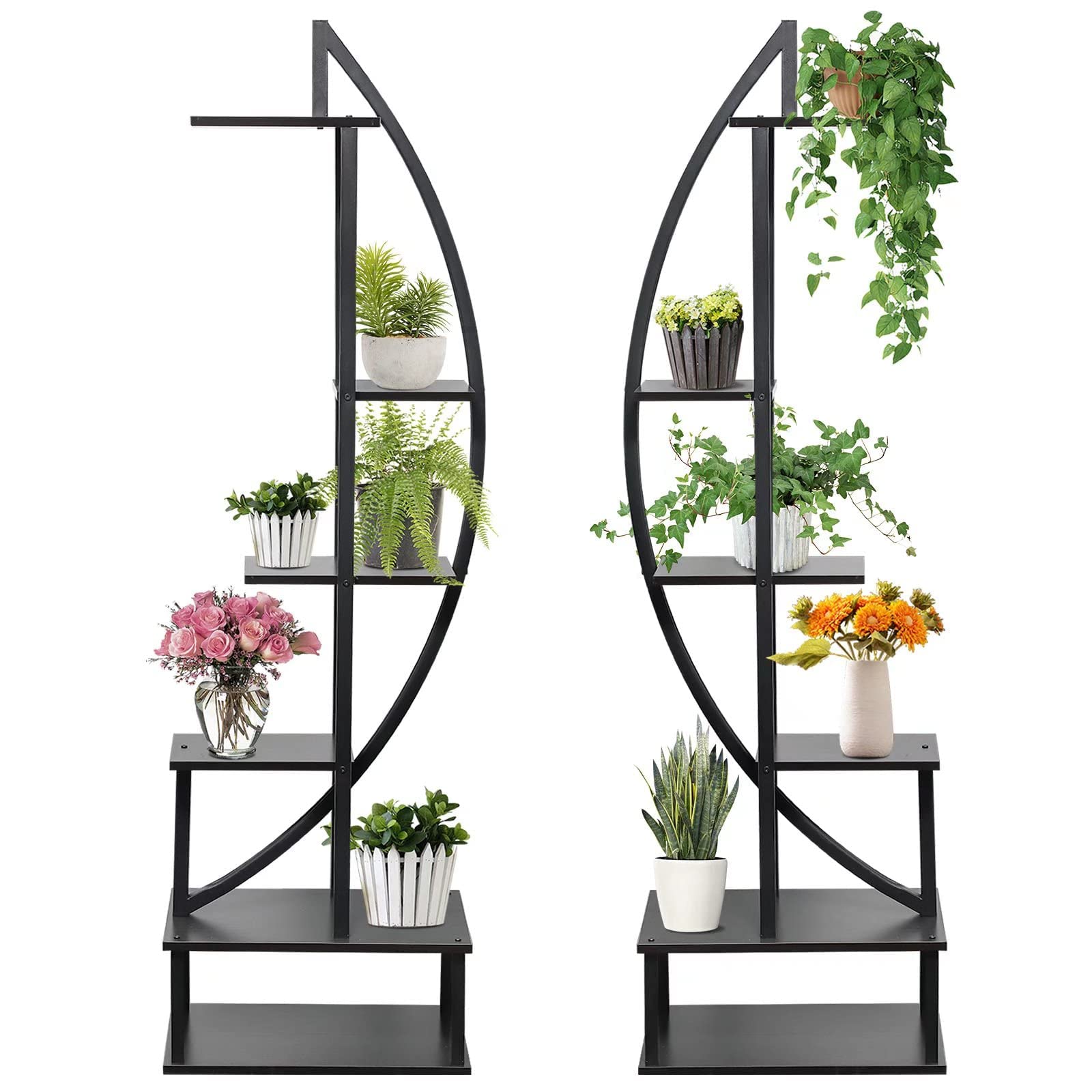 6-Tier Metal Plant Stand Indoor Outdoor - Half Moon Shelf for 12 Potted Plants - Multi-Purpose Ladder Shelf for Balcony, Patio, Garden & Home Decor - Space-Saving Solution for Small Spaces (Pack of 2, Black)