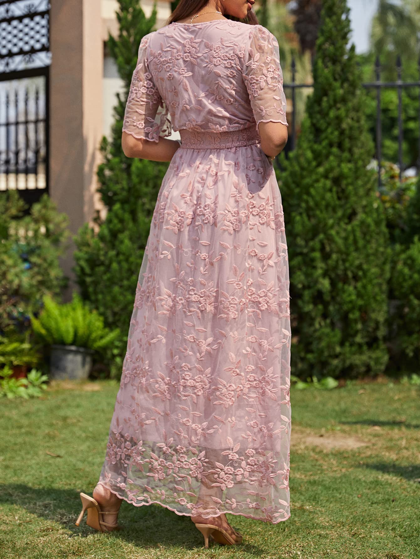 Miessial Women's Elegant V-Neck Lace Floral Maxi Dress with Embroidery - Boho Chic Wedding Guest Dress for Cocktail Parties, Beach Vacations & Summer Events