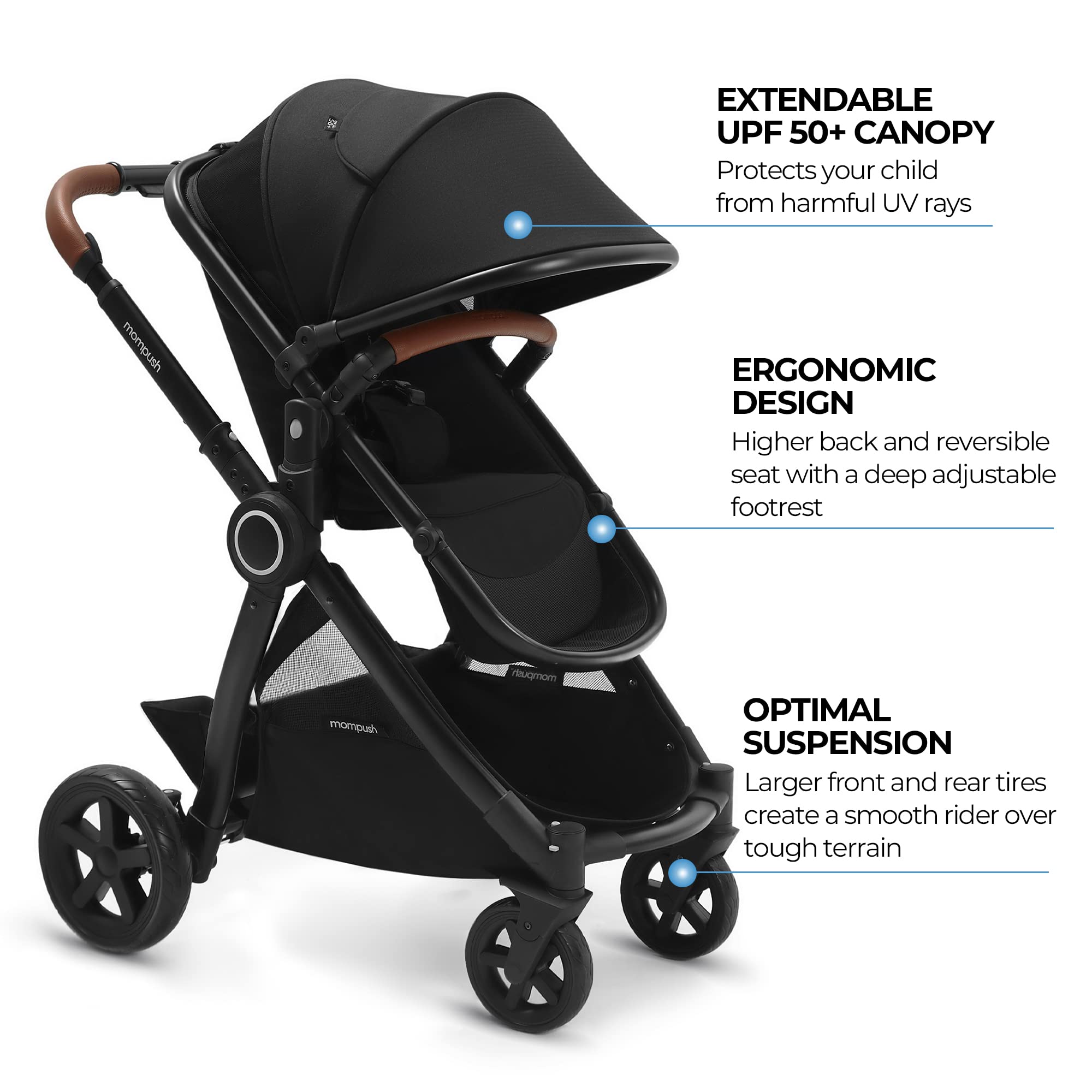 Mompush Ultimate2 Baby Stroller - Premium Convertible Full-Size Bassinet Stroller for Newborn & Toddler with Reversible Seat, One-Hand Recline Pushchair Pram & Car Seat Adapter - Perfect for City Walks, Shopping & Family Outings