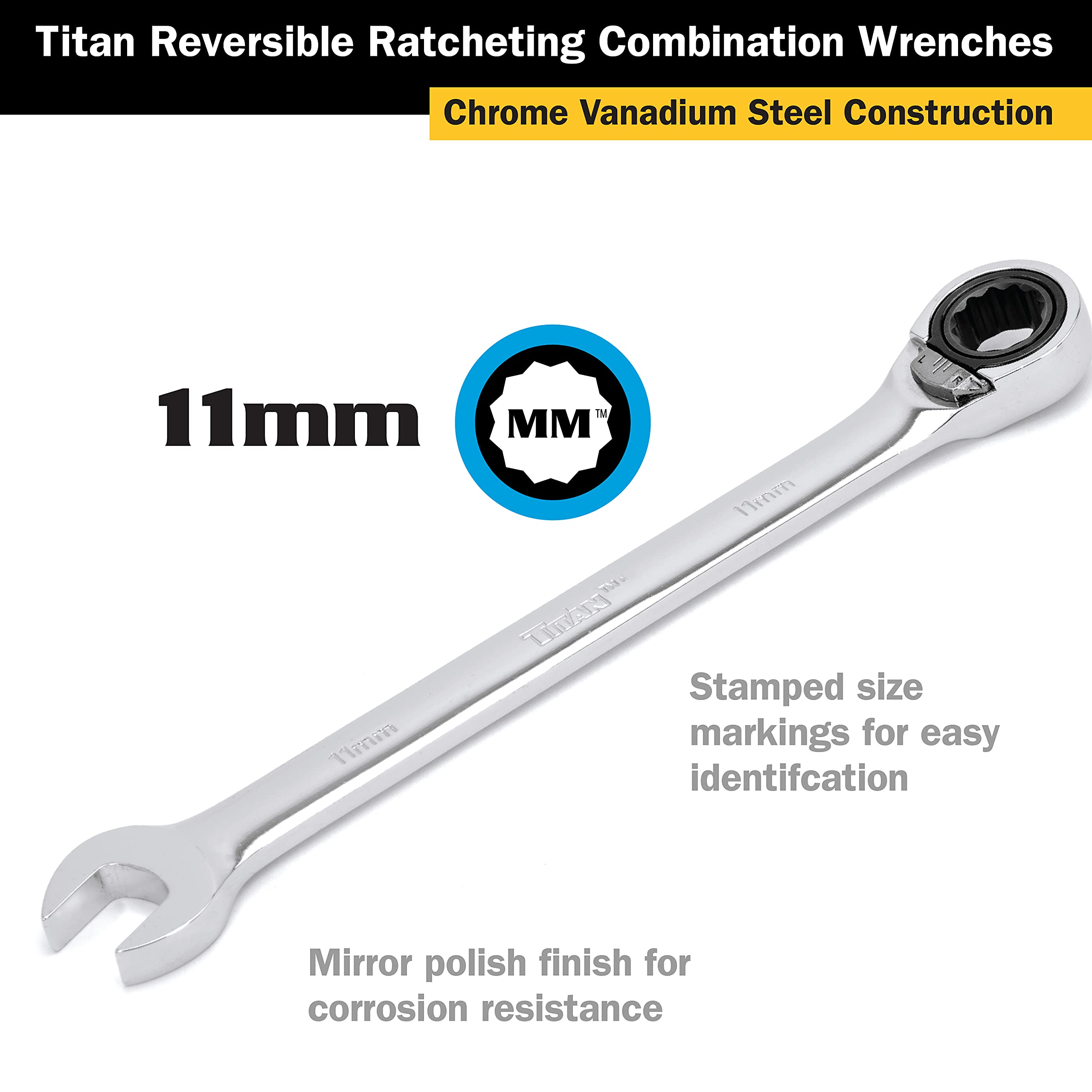 Titan 14511 11mm 12-Point 72-Tooth Reversible Ratcheting Combination Wrench - Perfect for Automotive Repair, Plumbing, and DIY Projects