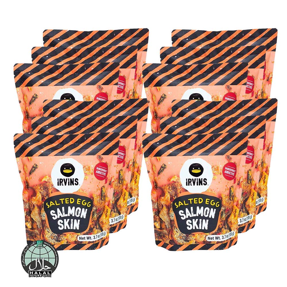 Irvin's Dangerously Addictive Salted Egg Salmon Skin Snacks - 12 Pack (105g Each) | Crunchy & Flavorful | Perfect for Parties, Gifts & Movie Nights