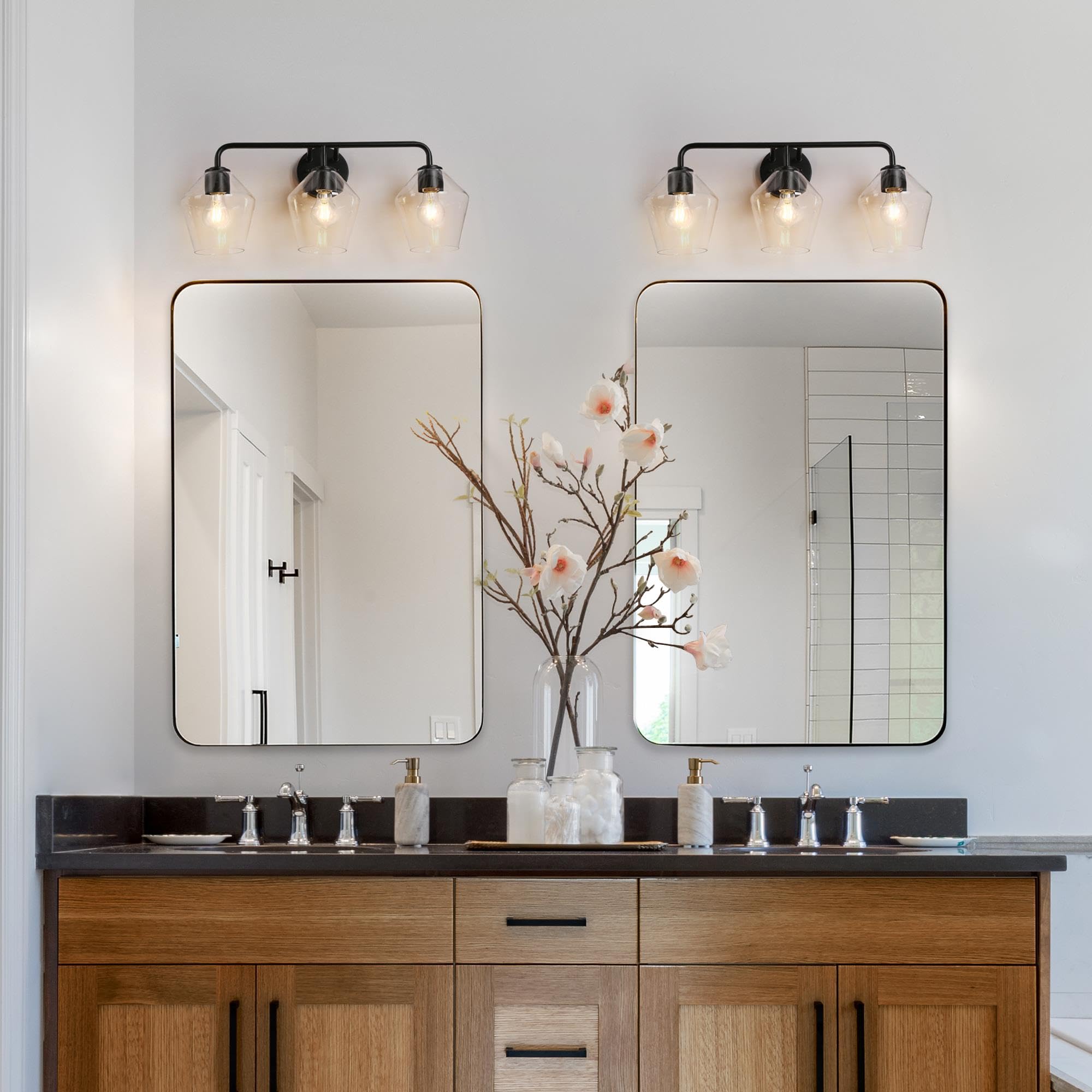 Modern Black Bathroom Vanity Light Fixture - 3-Light Farmhouse Wall Sconce with Clear Glass Shades for Bathroom, Powder Room & Spa Lighting Upgrade