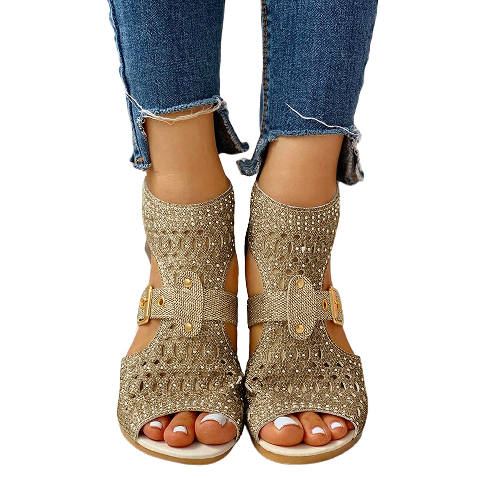 Women's Flat Rhinestone Sandals | Slip-On Casual Wedge Sandals with Studs | Perfect for Summer, Beach & Flip Flop Outfits