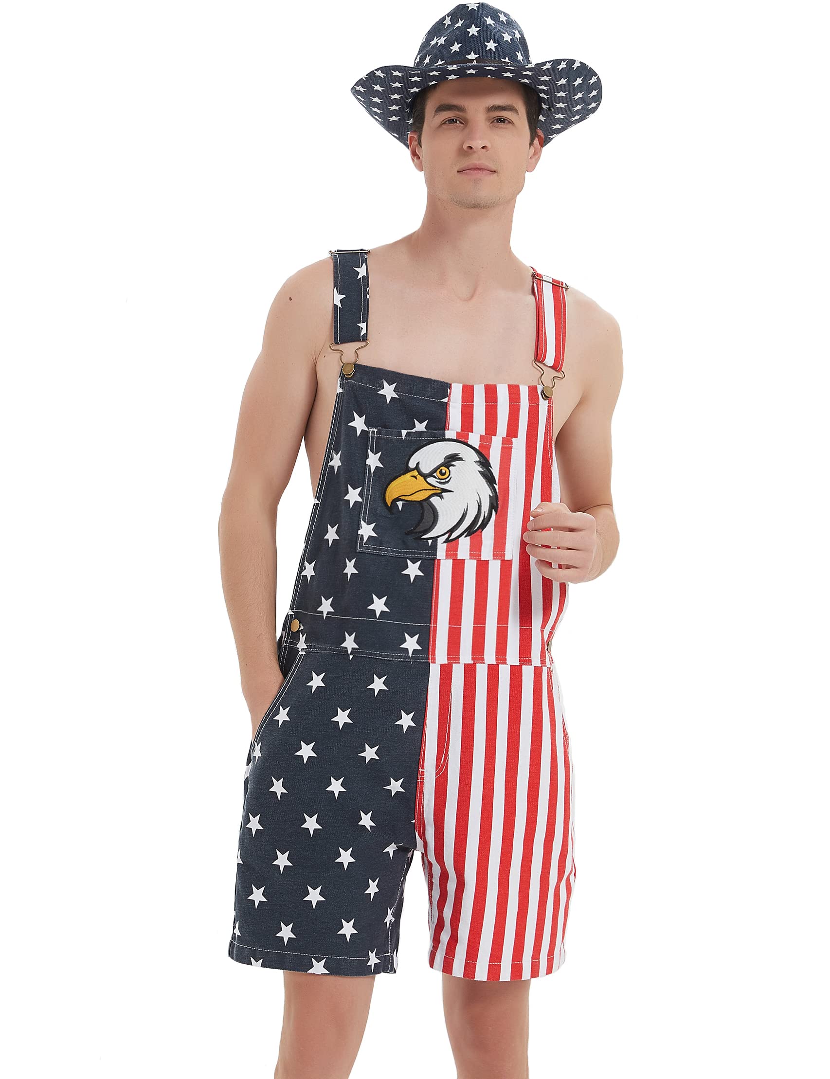 Men's & Women's American Flag Denim Overalls Shorts - Adjustable Strap Casual Romper Jumpsuits for Summer Outings & Patriotic Events