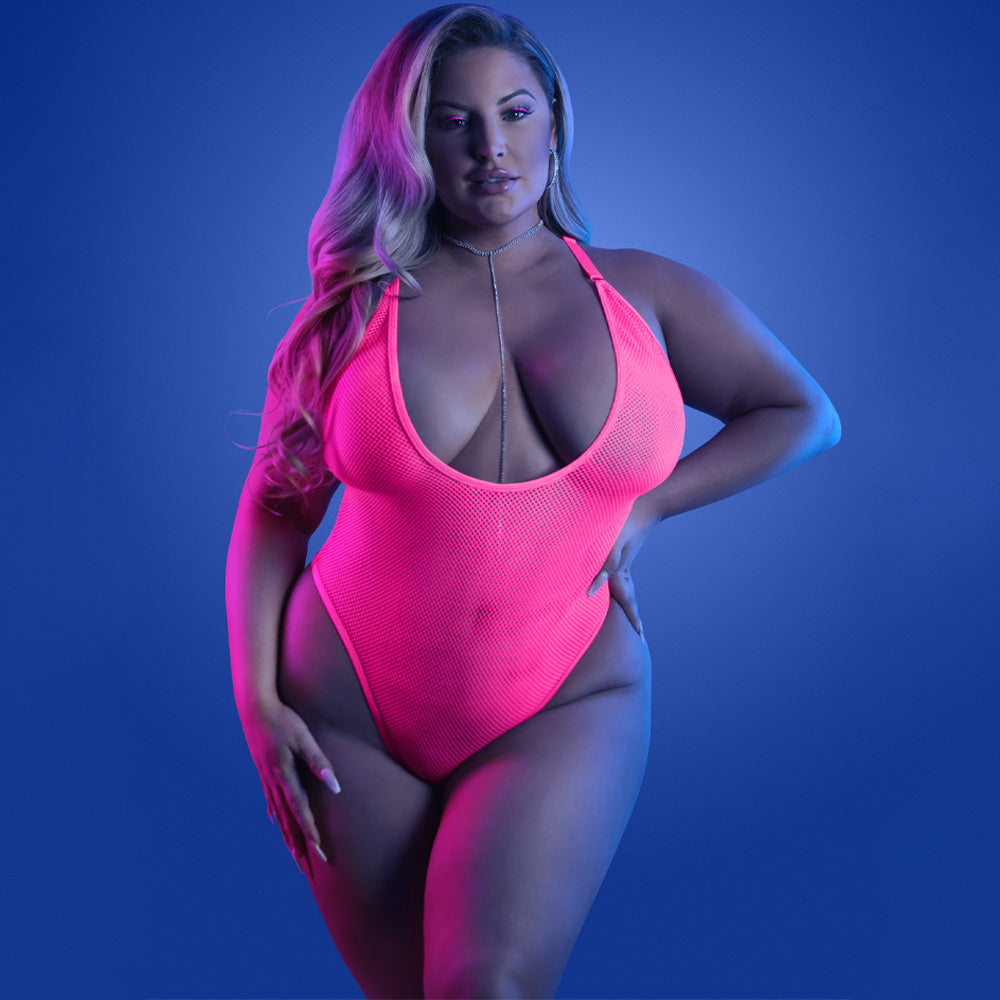 Fantasy Lingerie Glow Electric Haze Plunging Net Thong Teddy for Curvy Women - Sexy Lingerie Set for Date Night & Boudoir Photography