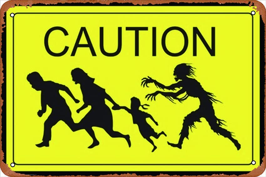Vintage Zombie Warning Metal Tin Sign - 12x8 Inch Wall Decor for Bars, Coffee Shops, Home & Office - Perfect for Halloween, Horror Themed Parties & Apocalypse Lovers
