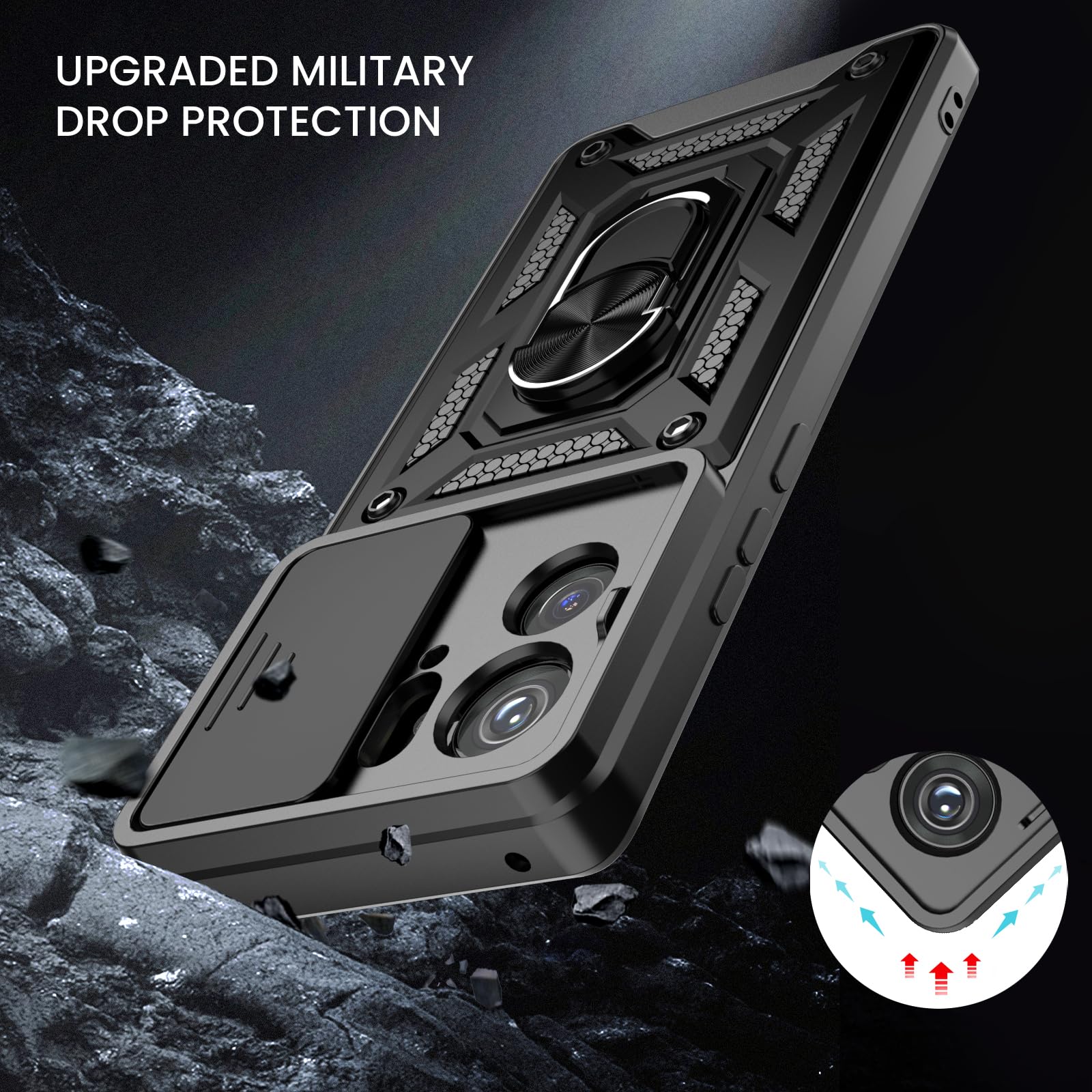 Dretal Shockproof Case for Motorola Edge 2023 - Military Grade Protection with Kickstand, Camera Cover & Anti-Slip Grip | Perfect for Work, Travel & Outdoor Activities (Black)