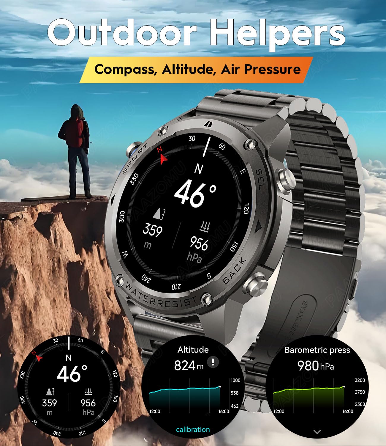 Military Tactical Smartwatch for Men - 5ATM Waterproof, GPS, Compass, Altimeter, Barometer, 1.43