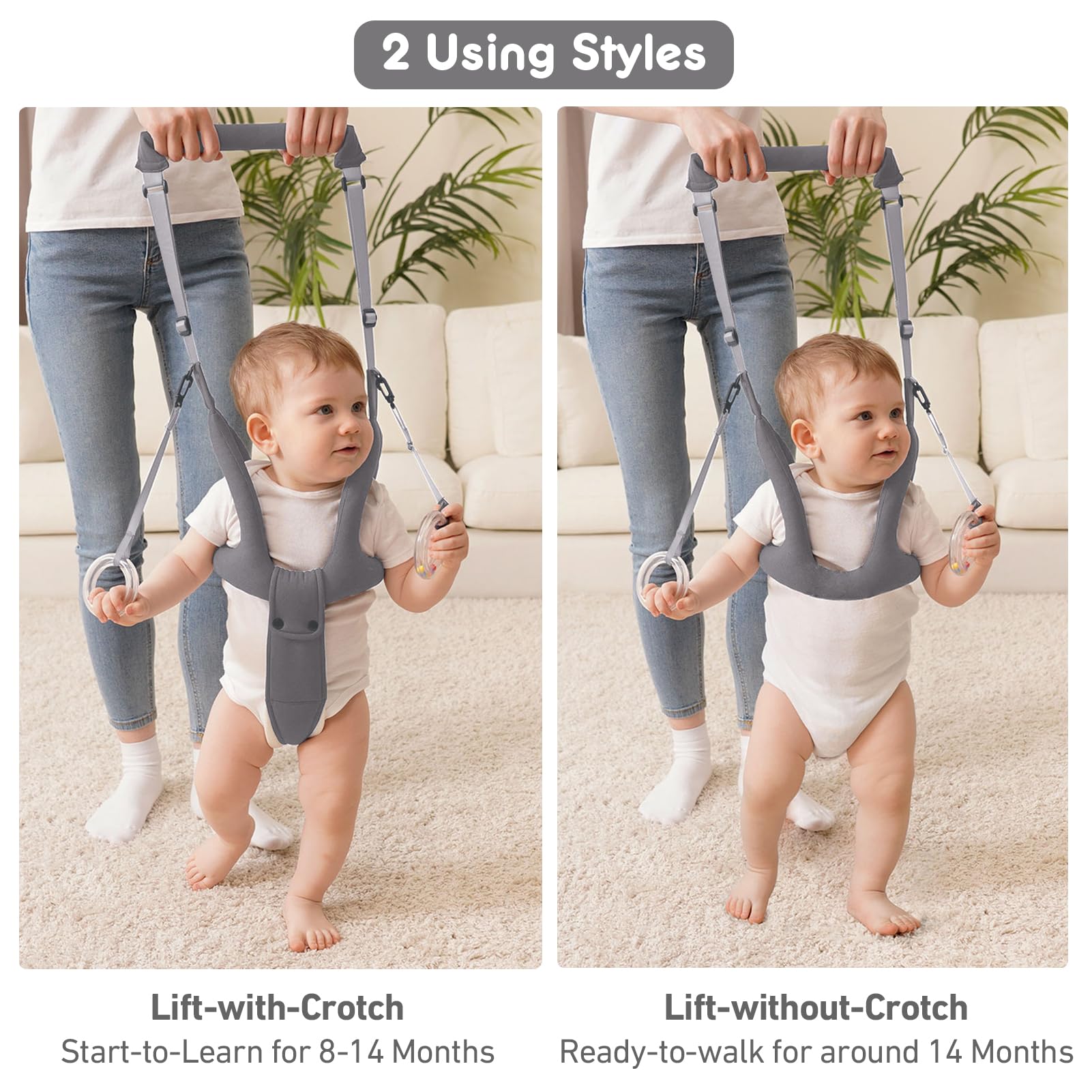 Baby Walking Harness for 8-16 Months - Adjustable Infant Toddler Walker Assistant Belt with Handheld Support - Safe Standing & Walking Aid for Babies (Gray) - Perfect for First Steps & Indoor/Outdoor Learning