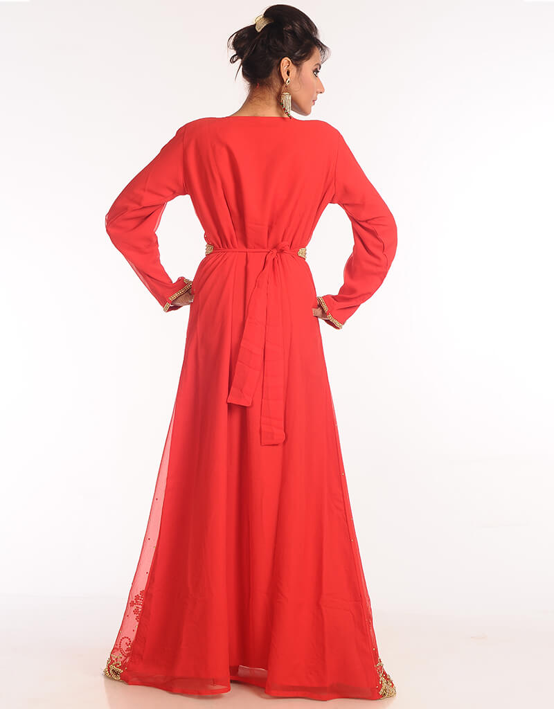 Elegant Arabic Red Georgette Kaftan with Hand Embroidery for Women - Perfect for Parties, Weddings & Special Occasions