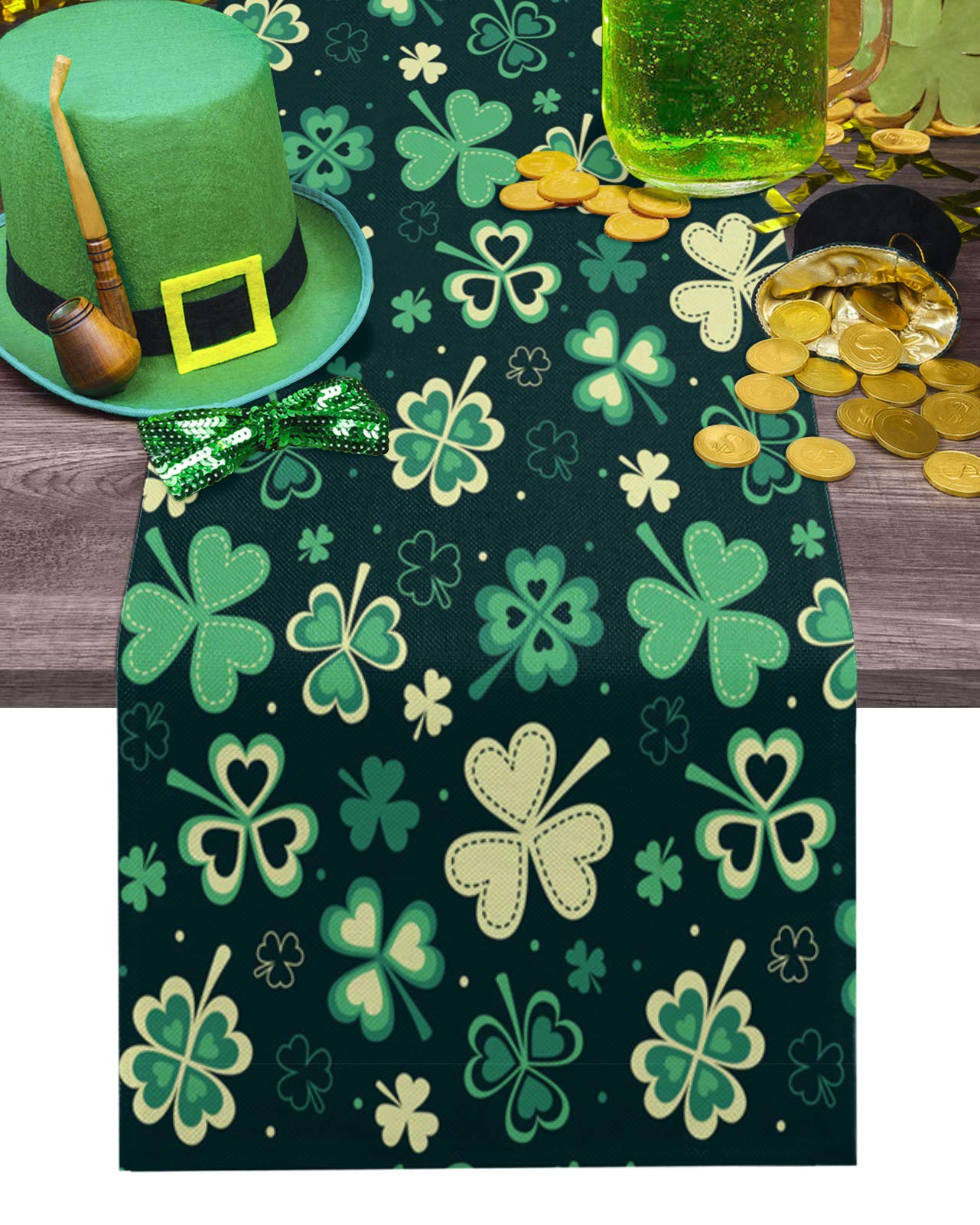 Durable Fabric Table Runner by T&H XHome – St. Patrick's Day Clover Pattern, Washable Linen Table Cover for Dining, Kitchen, or Home Decor (18x72 Inches) | Perfect for Indoor & Outdoor Use, Parties, and Holiday Celebrations