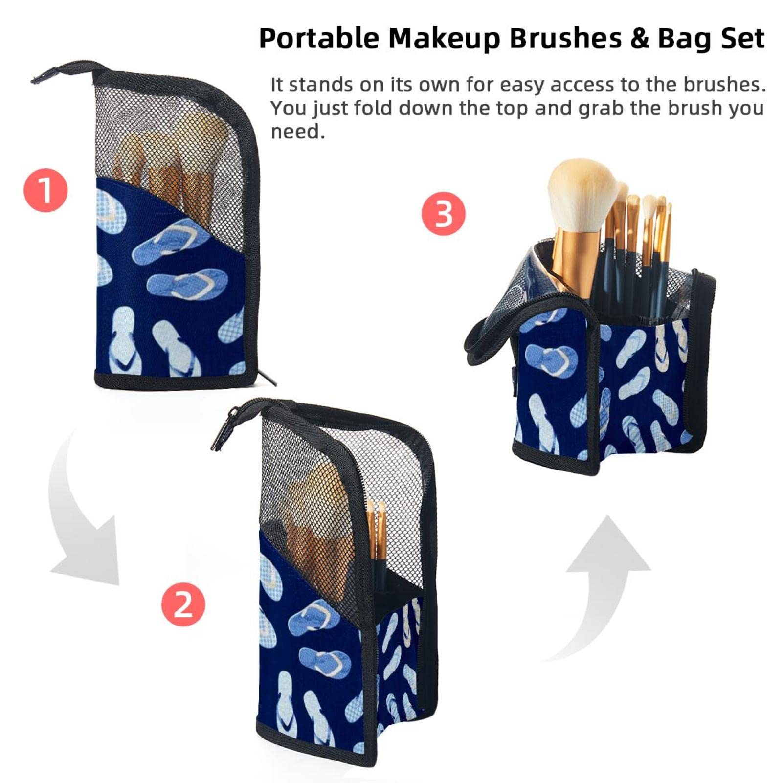 12-Piece Makeup Brush Organizer Bag with Portable Holder Case - Blue Background Slippers Design for Travel & Home Storage | Perfect Cosmetic Brush Set for Makeup Artists & Beauty Enthusiasts