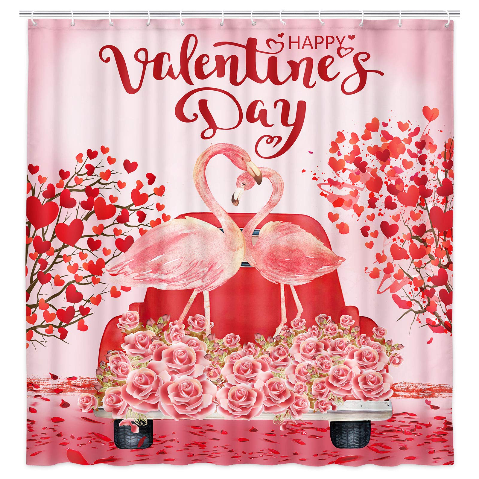 JAWO Valentine's Day Shower Curtain - Romantic Pink Flamingos & Red Truck Fabric Bathroom Decor with Rose Heart Tree Design, 69x70 Inches - Perfect for Couples' Bathroom, Anniversary Gift & Wedding Decor