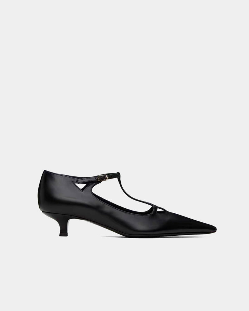Black Leather T-Strap Kitten Heels - Women's Classic Pointed Toe Low Heel Pumps for Office, Wedding & Evening Wear