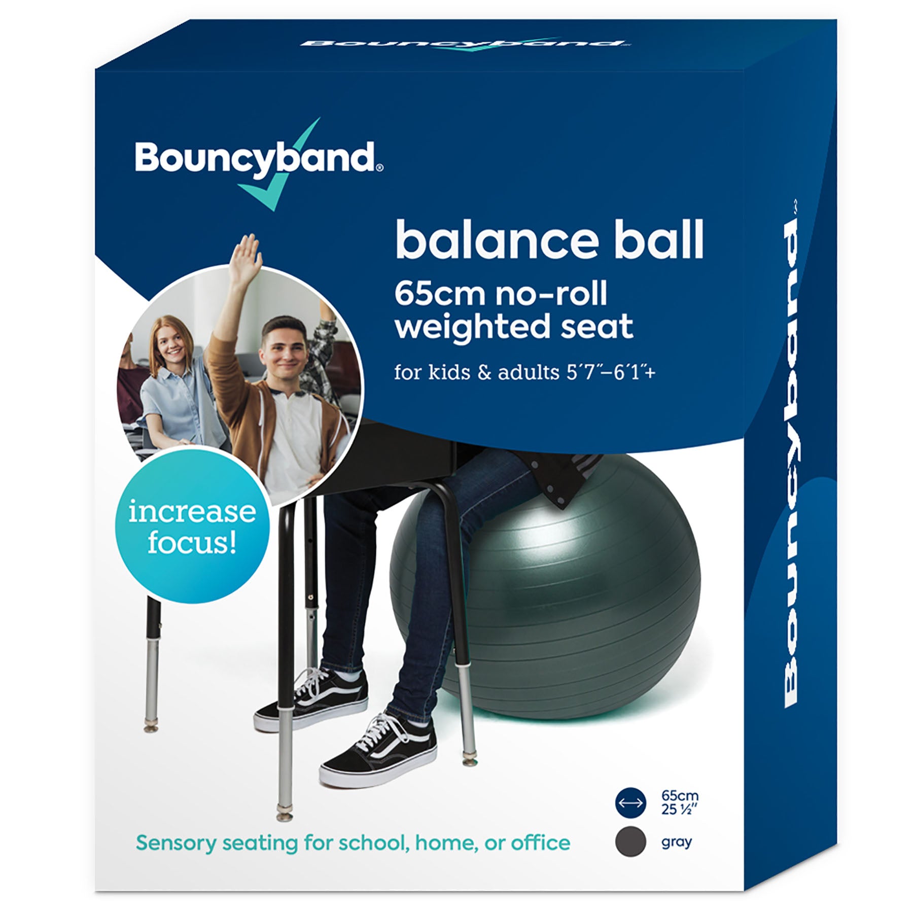 Bouncyband 65cm Balance Ball Chair - Dynamic Dark Gray Stability Ball Seat for Active Sitting, Office, Classroom & Home Use