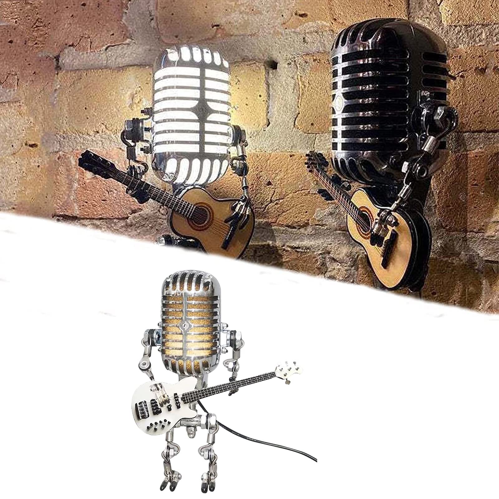 Vintage Microphone Robot LED Desk Lamp - Steampunk Industrial Table Lamp with Guitar Robot Design, Retro Bronze Home Office Decoration - Perfect for Bedroom, Living Room & Gaming Setup