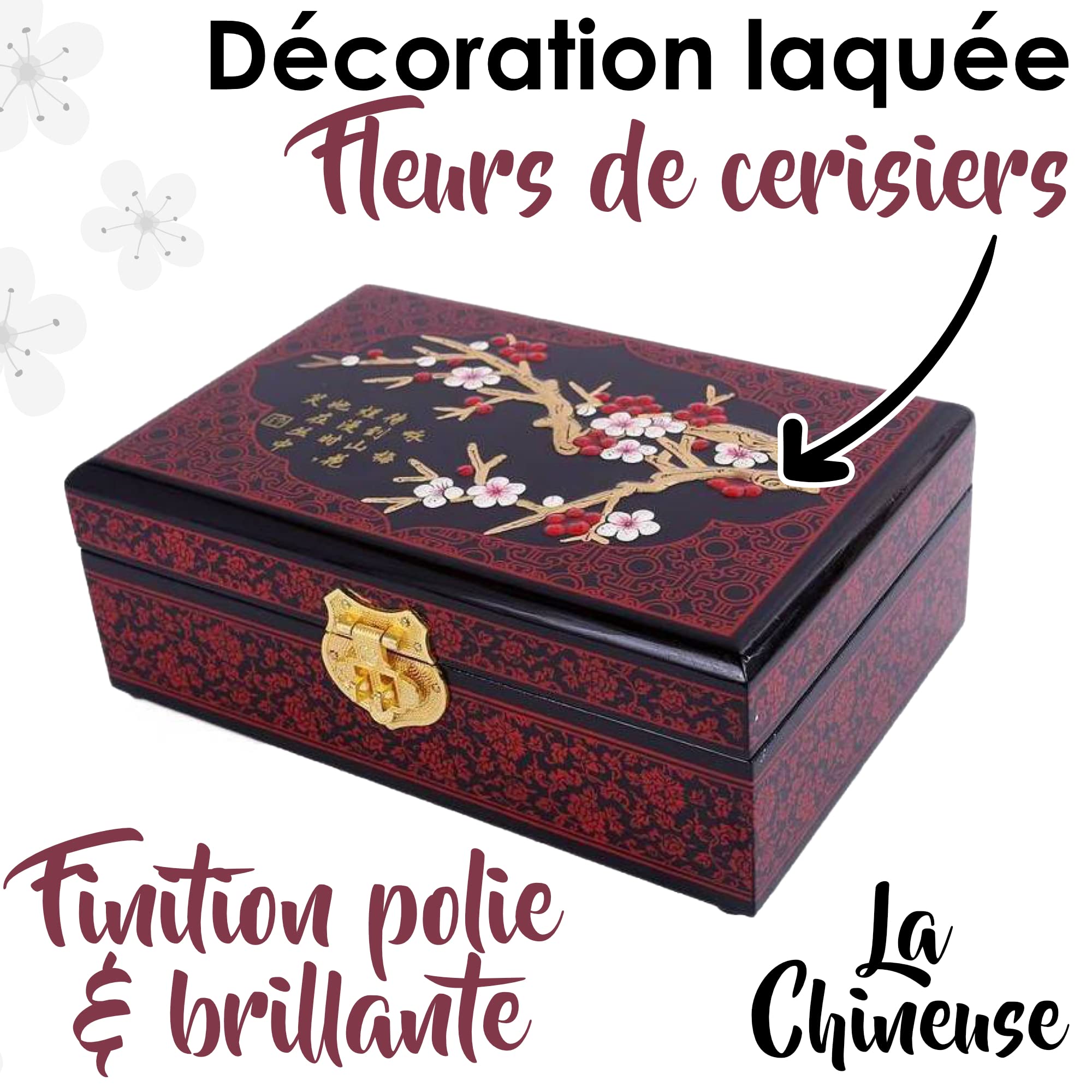Lacquered Jewelry Box with Cherry Blossom Design - Elegant Black and Red Finish for Women's Accessories Storage | Perfect for Gift Giving, Home Decor, and Organizing Rings, Necklaces & Earrings